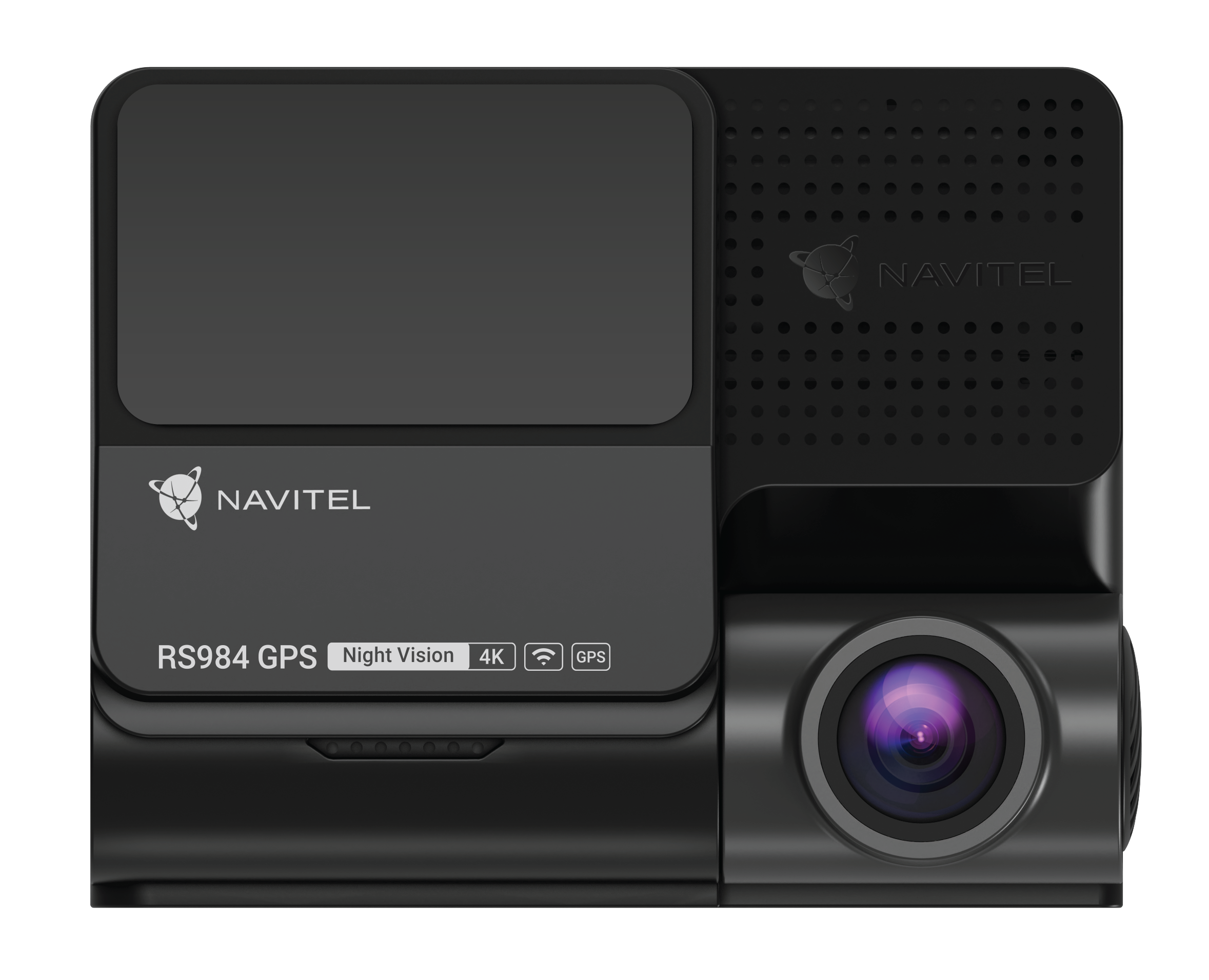 Czarna kamera samochodowa Navitel RS984 GPS z noktowizorem, 4K i GPS. Widoczny obiektyw.