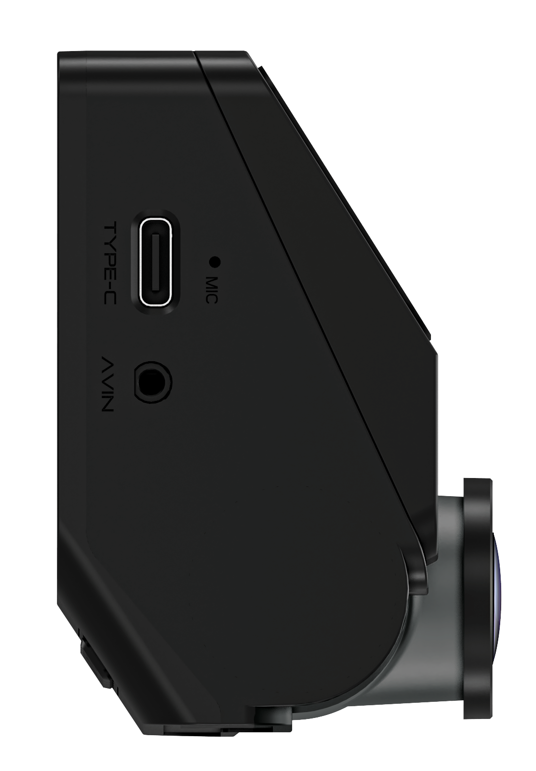 Widok z boku czarnej kamery samochodowej. Ma obiektyw, port Type-C, port AVIN i mikrofon.
