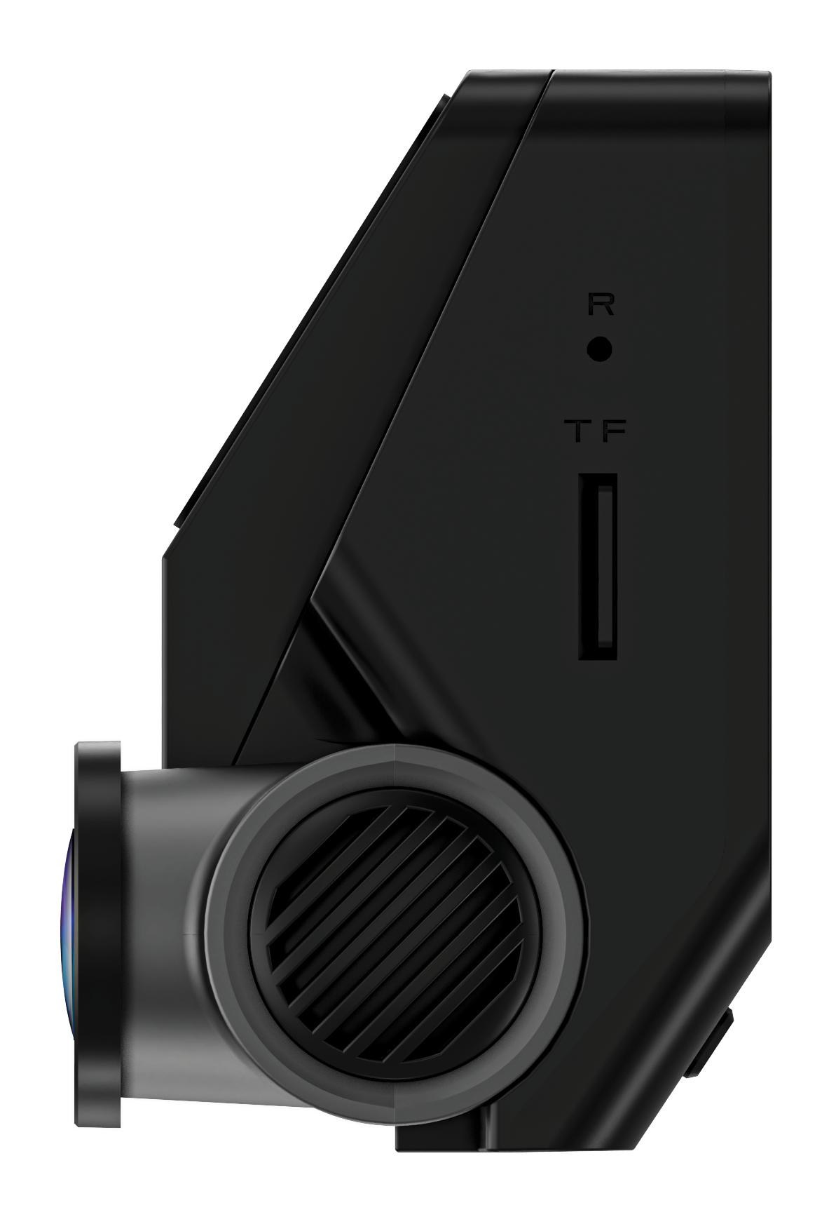 Czarna kamera samochodowa z obiektywem, okrągłym głośnikiem i kątową obudową. Posiada gniazdo na kartę TF i wskaźnik 'R'.