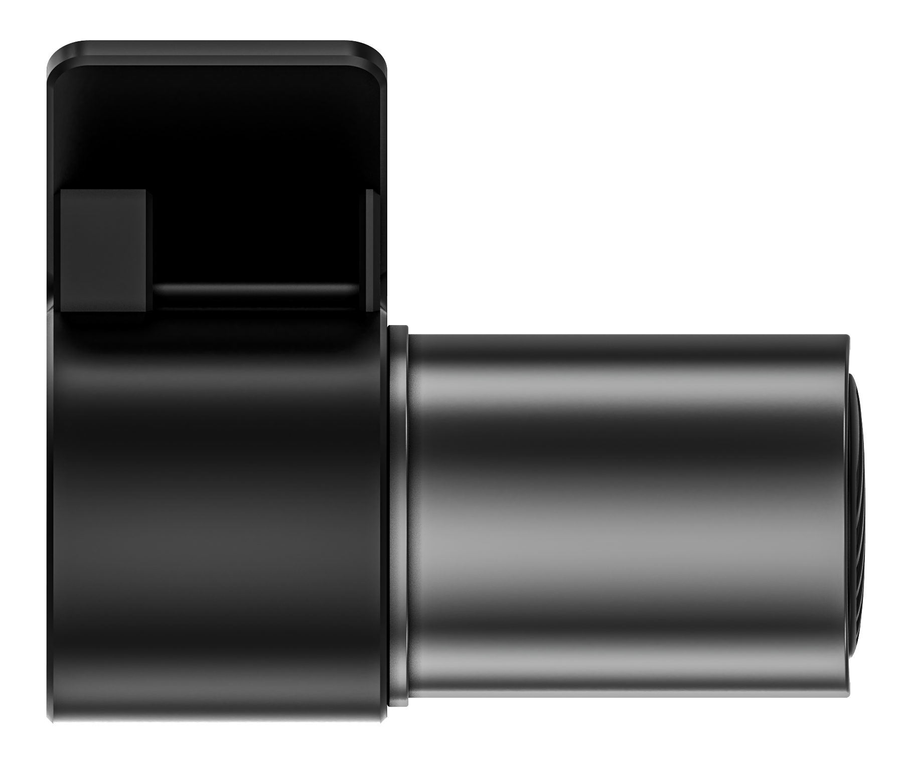 Widok z góry na czarne, cylindryczne urządzenie z prostokątną podstawą i szczeliną na białym tle.