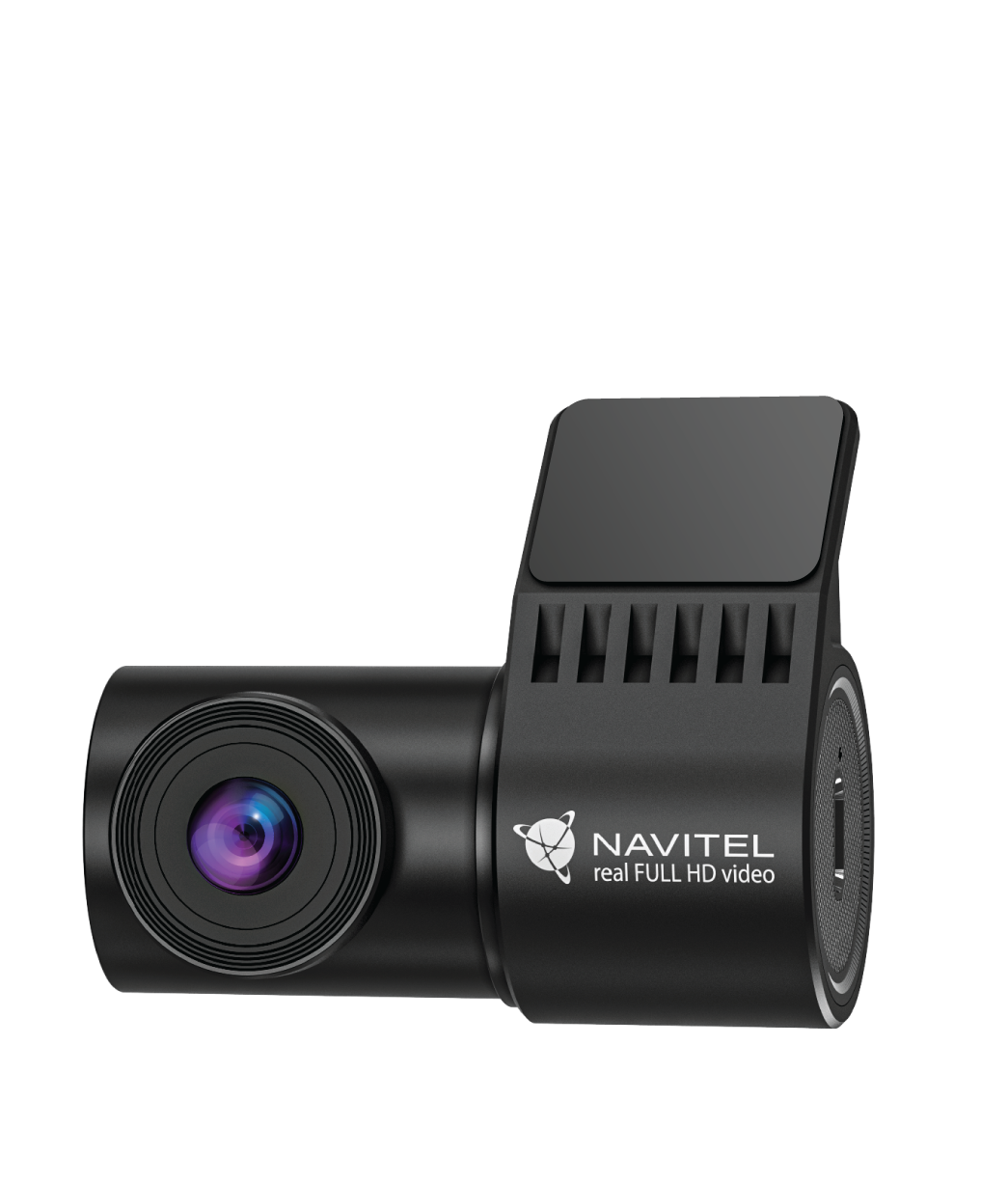 Czarna kamera samochodowa Navitel z obiektywem, otworami wentylacyjnymi i ekranem. Obiektyw ma fioletowy odcień. Widoczne jest logo i tekst 'real FULL HD video'.