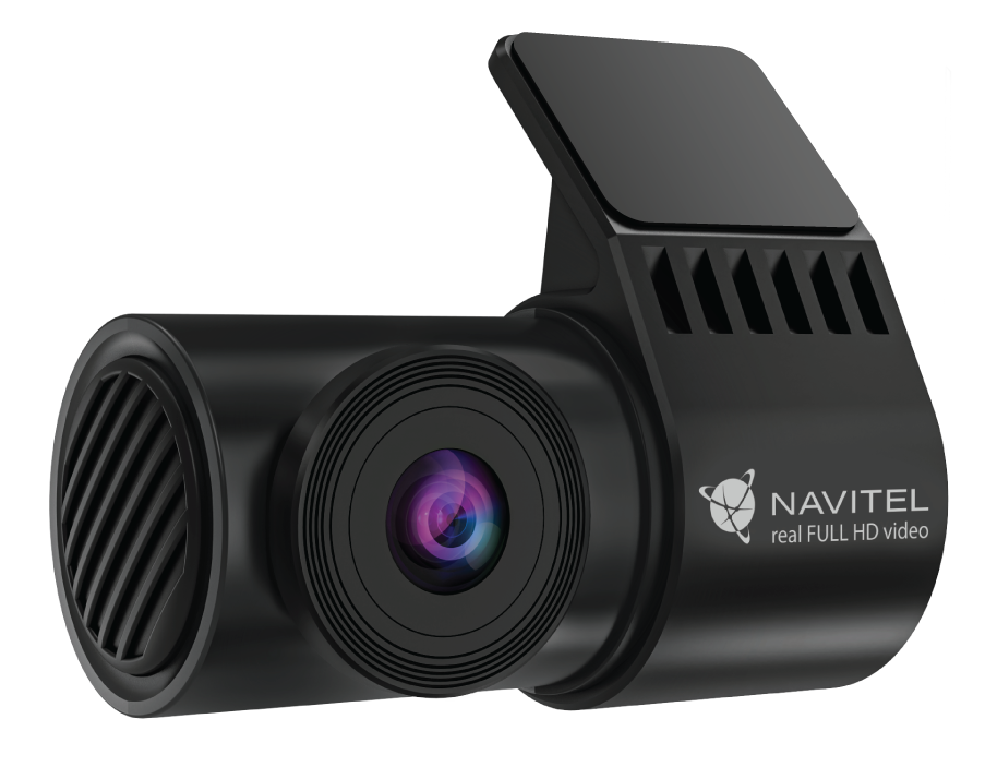 Czarna kamera samochodowa Navitel z obiektywem, głośnikiem i ekranem na czarnym tle. Logo brzmi: Navitel real FULL HD video.