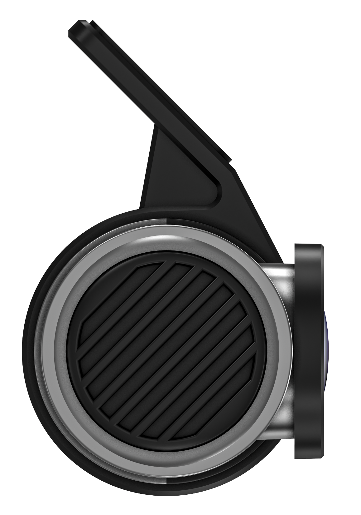 Czarne i srebrne urządzenie z okrągłą, żebrowaną czarną powierzchnią i czarnym ramieniem rozciągającym się w górę.