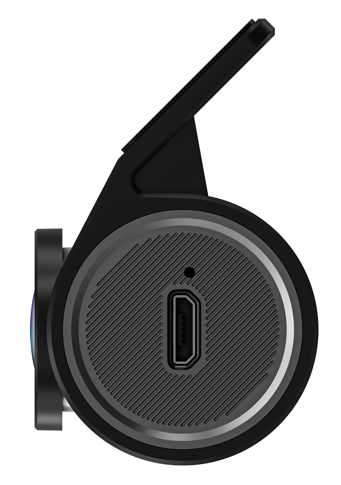 Zbliżenie czarnego, okrągłego urządzenia z portem USB. Czarny wysięgnik odchodzi od niego. Tło jest białe z szarymi liniami.