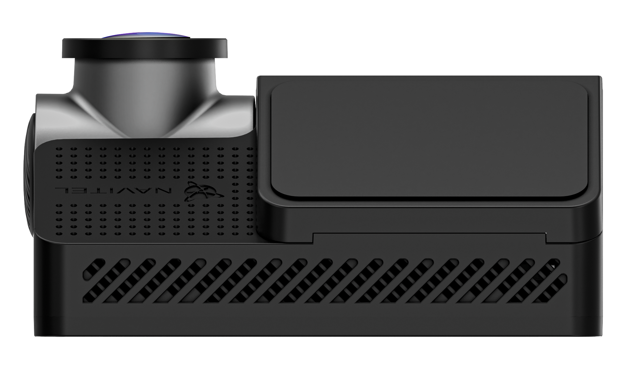 Czarne urządzenie elektroniczne z obiektywem aparatu. Ma perforowany przód i logo. Tło jest białe.