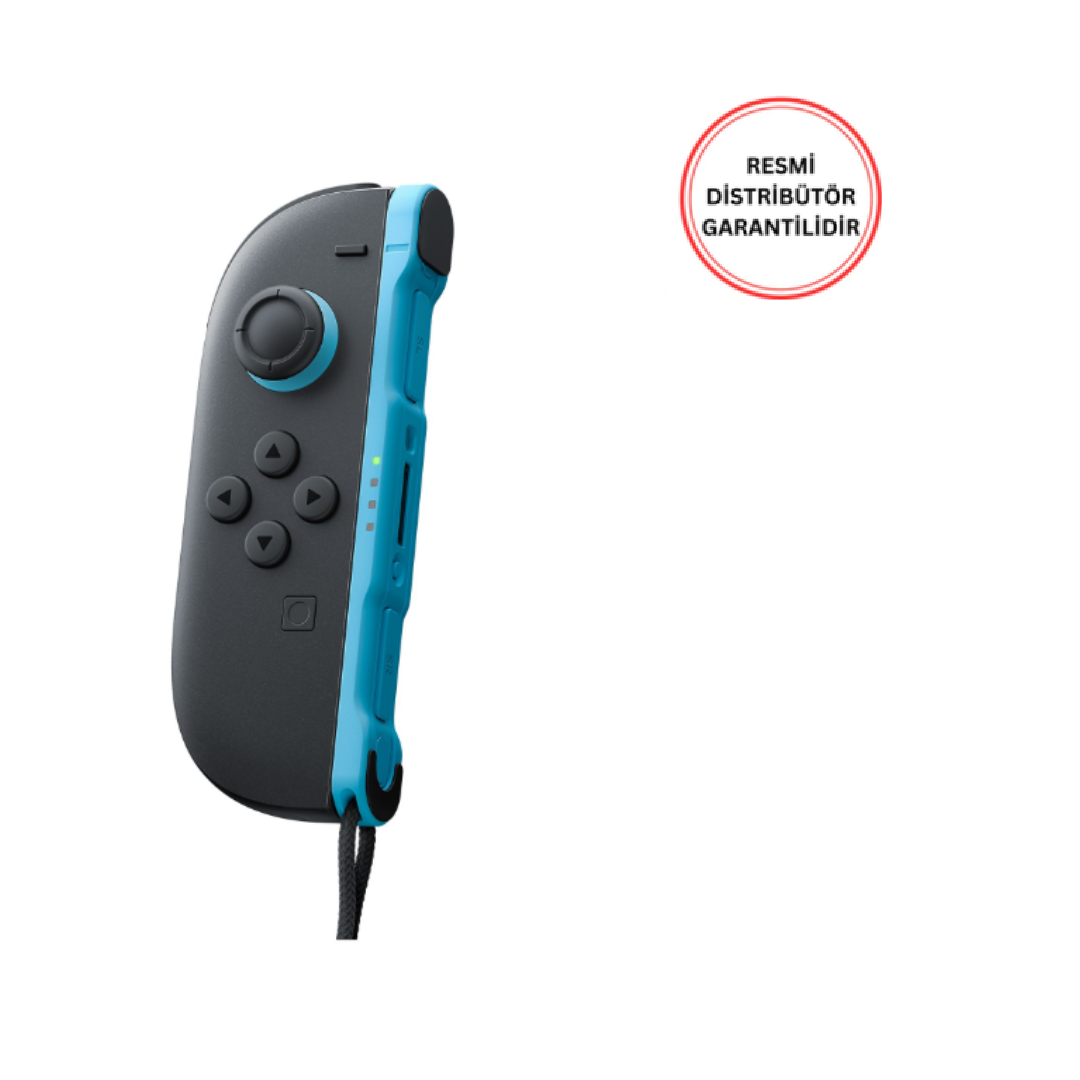 Mavi ve gri bir Nintendo Switch kontrolcüsü. Düğmeleri ve bir joystick'i var, siyah bir kayışla. Arka planda metin içeren kırmızı bir daire.