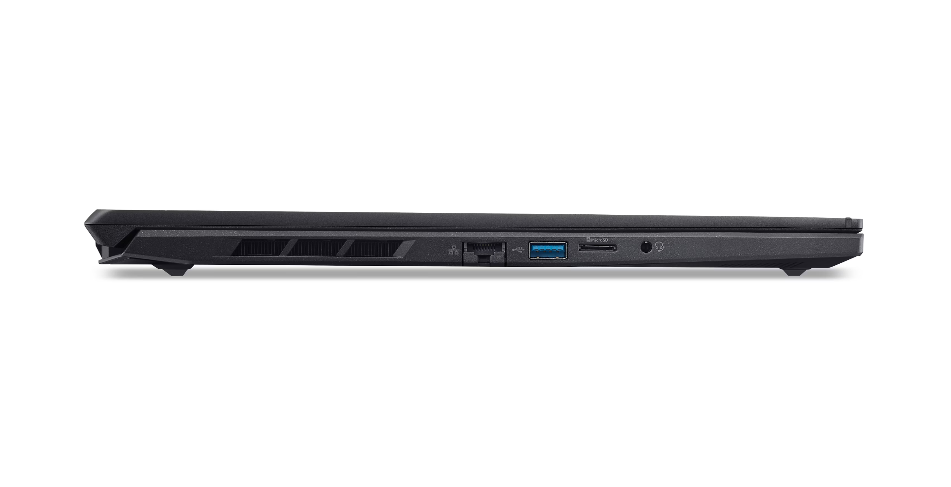 Side view of a black laptop. Visible are air vents, USB ports, a charging port, a USB port, and an SD card slot.