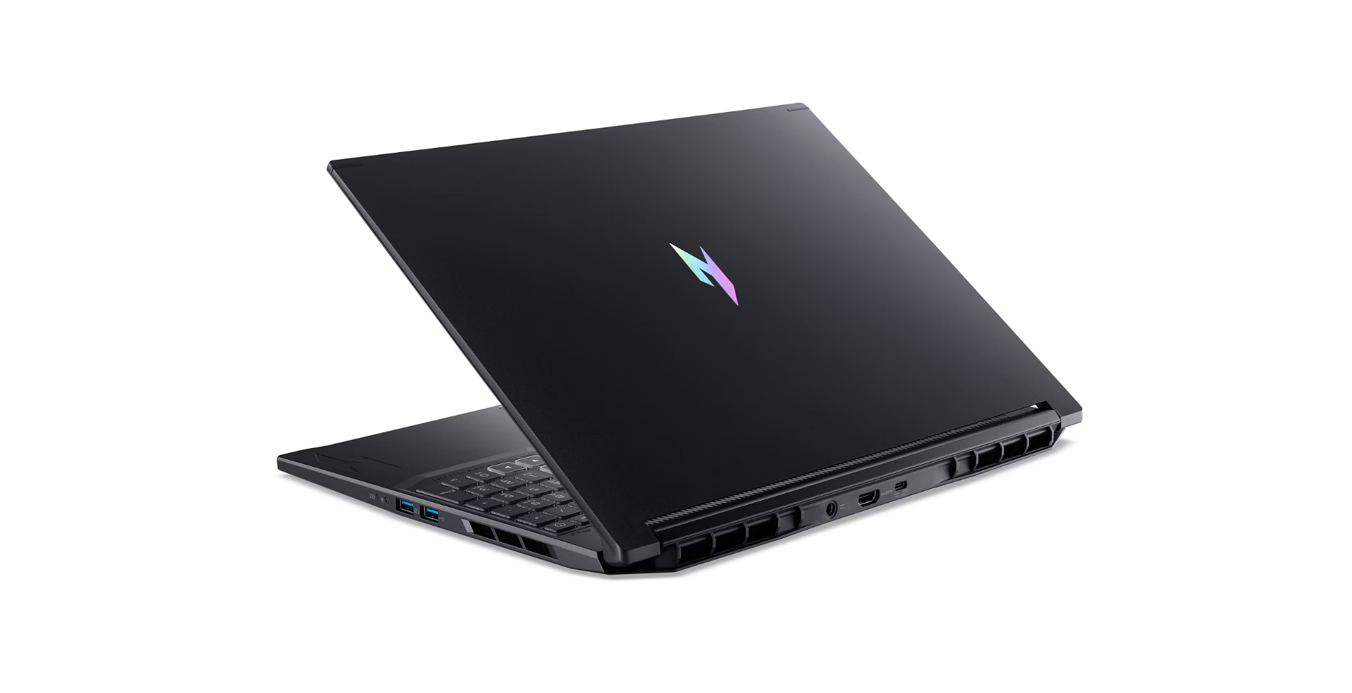 Black laptop, open, showing keyboard and logo on the back. White background. The logo is a stylized shape with multiple colors.