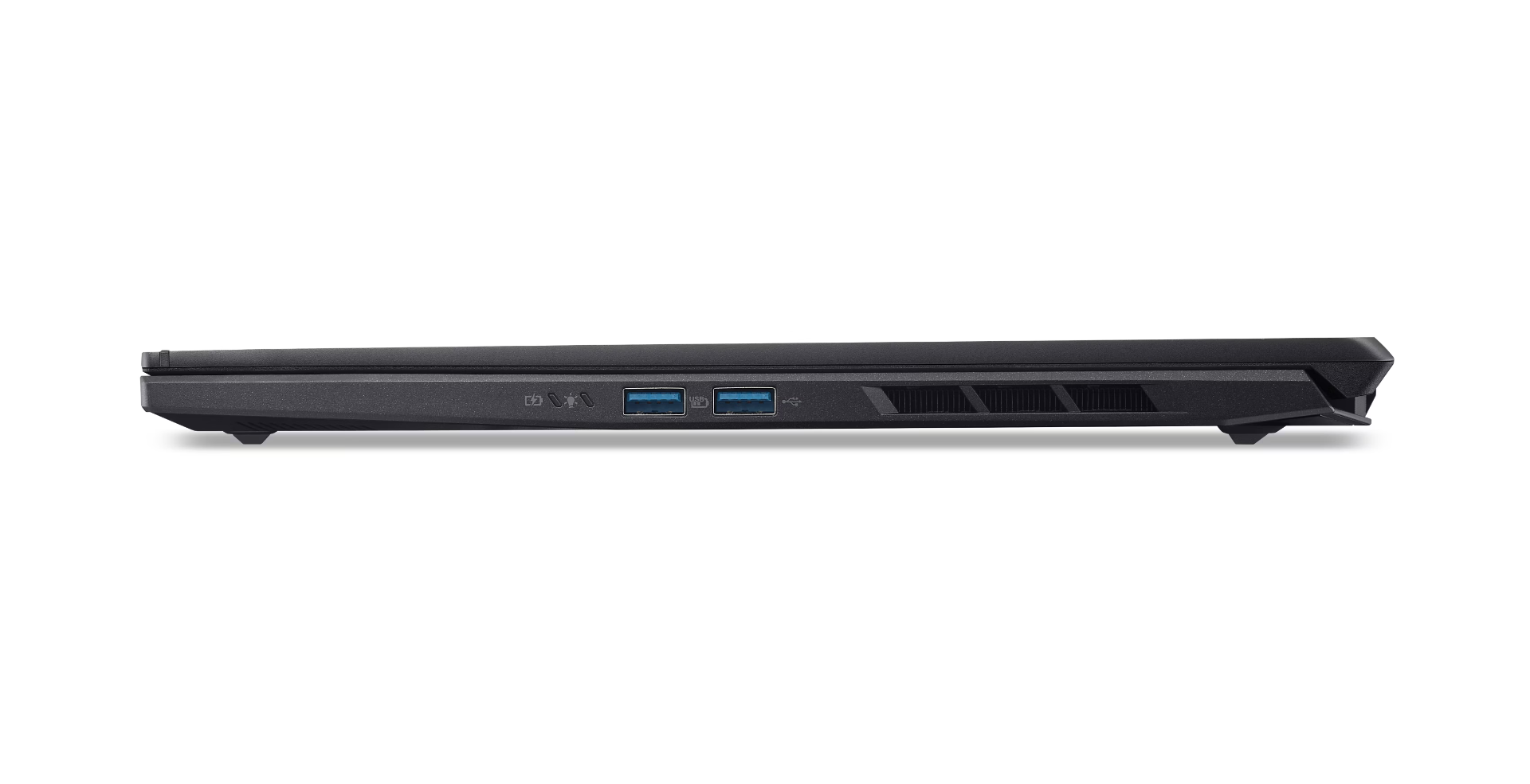 Side view of a black laptop. Visible are ports, vents, and the edge of the screen. The background is mostly black and white.