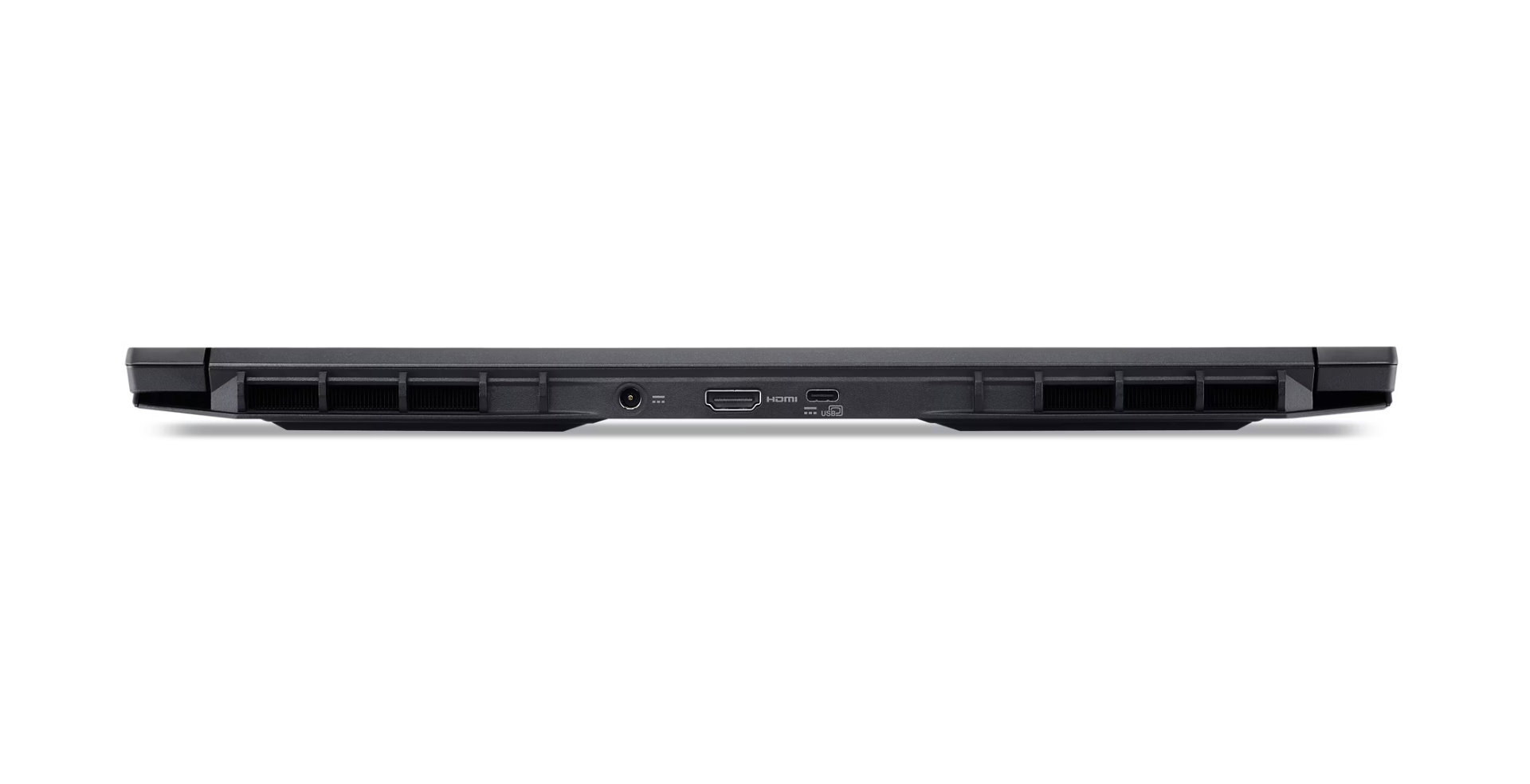 The bottom edge of a black laptop, showing ports and vents. Ports include power, HDMI, and USB-C. Vents are on either side.