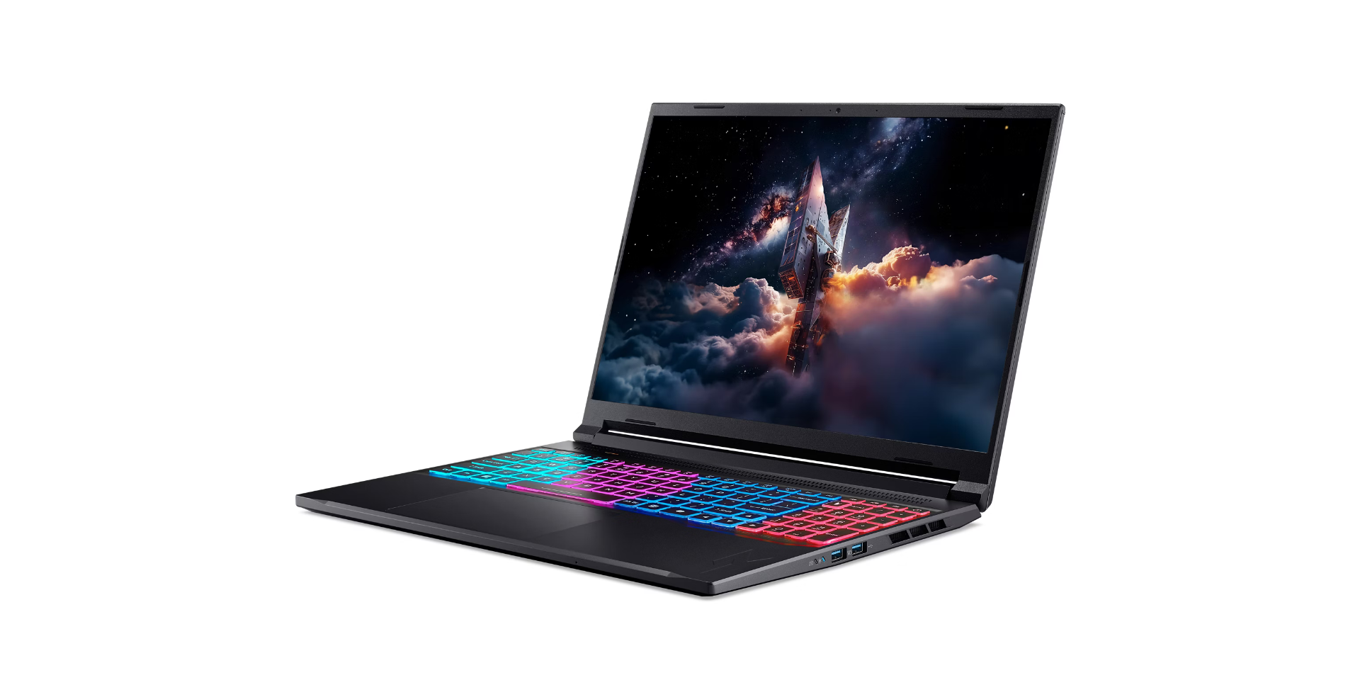 A black laptop with a colorful keyboard, displaying a space scene with a rocket. The screen is open.