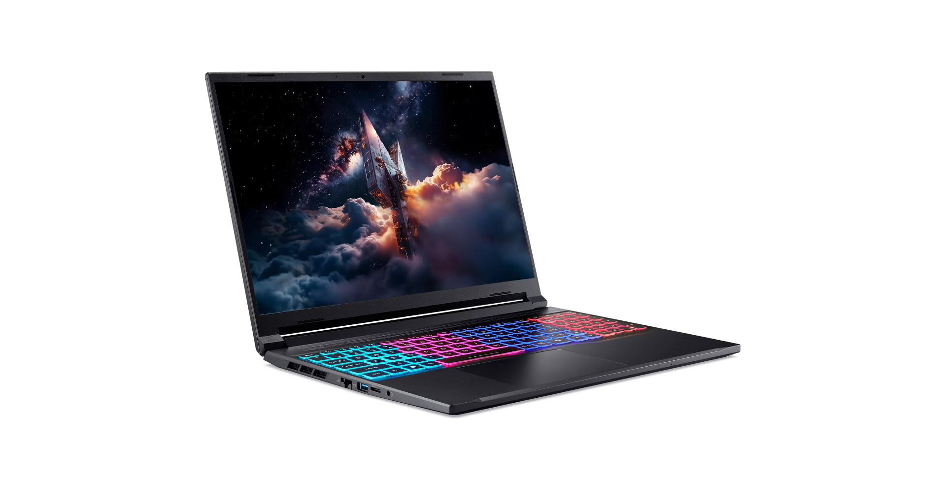 A black laptop with a colorful keyboard displays a space scene with a rocket. It sits on a white surface.