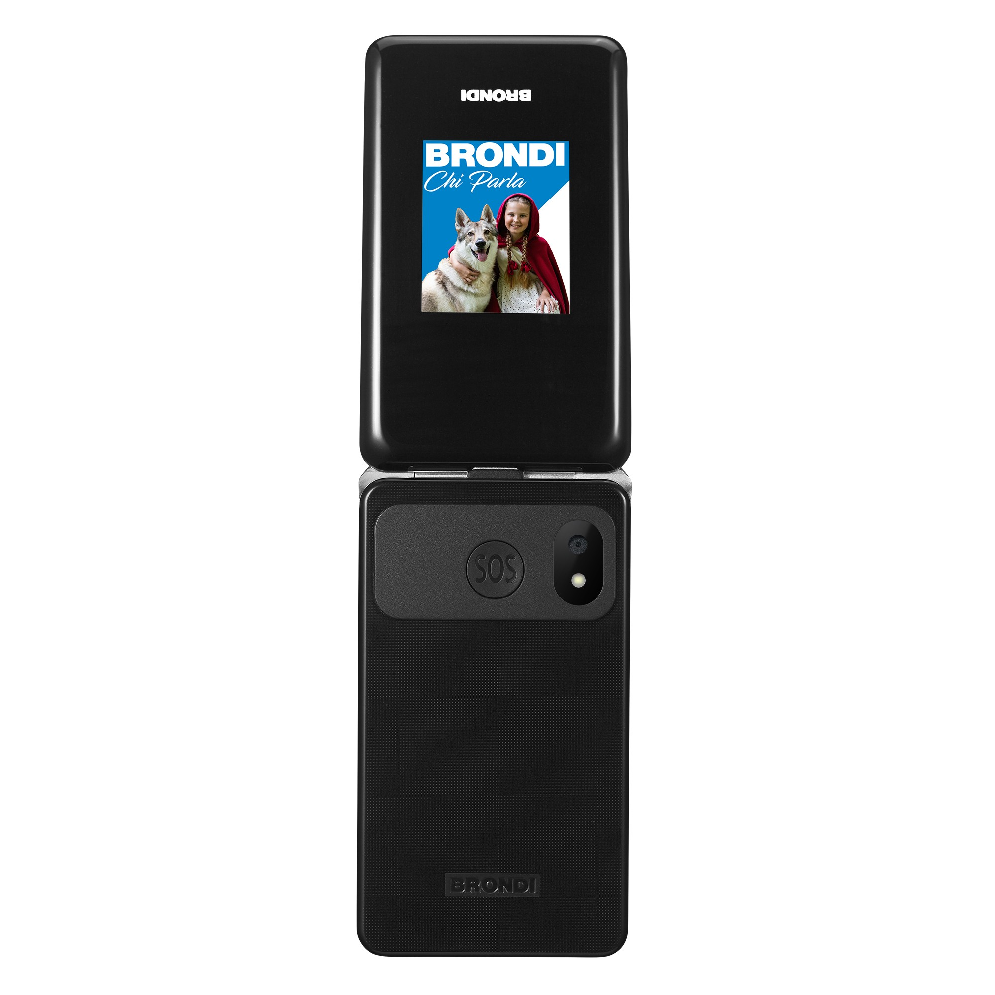 Telefono flip nero con schermo che mostra una ragazza e un cane. Pulsante SOS e fotocamera in basso.