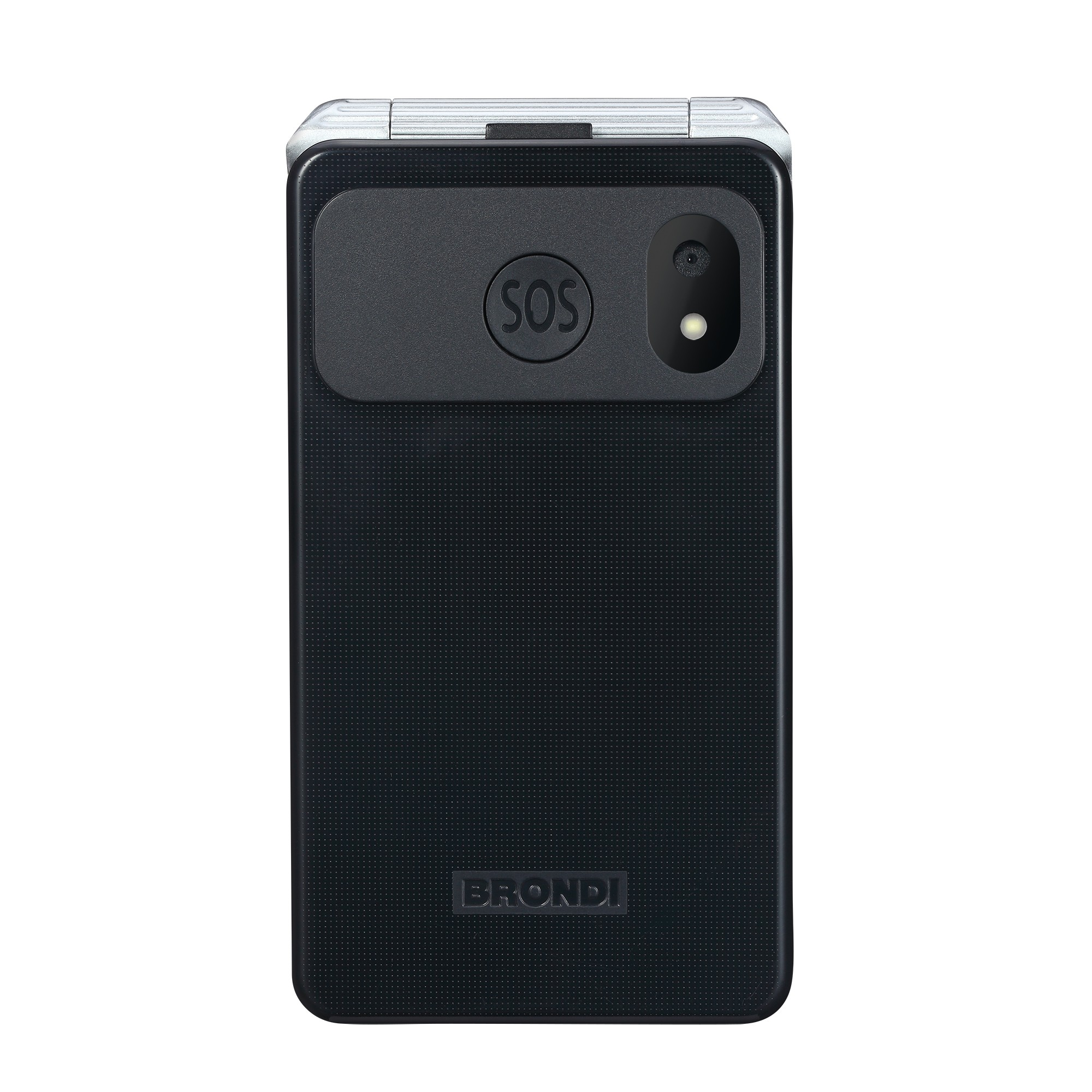 Telefono nero con pulsante SOS e fotocamera, sfondo bianco, il marchio è BRONDI.