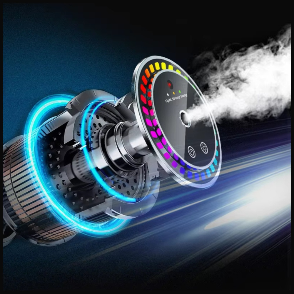 Urządzenie z kolorowymi światłami i wyświetlaczem cyfrowym. Biała para wydobywa się z góry. Tło jest ciemnoniebieskie.