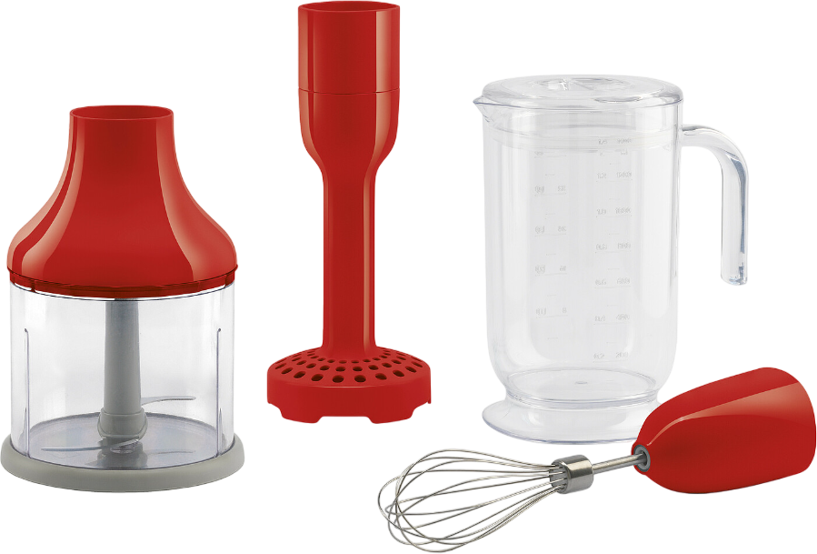 Das Bild zeigt ein rotes und klares Mixer-Set mit Messbecher und Schneebesen. Zu den Teilen gehören Motor, Klinge und Aufsätze.