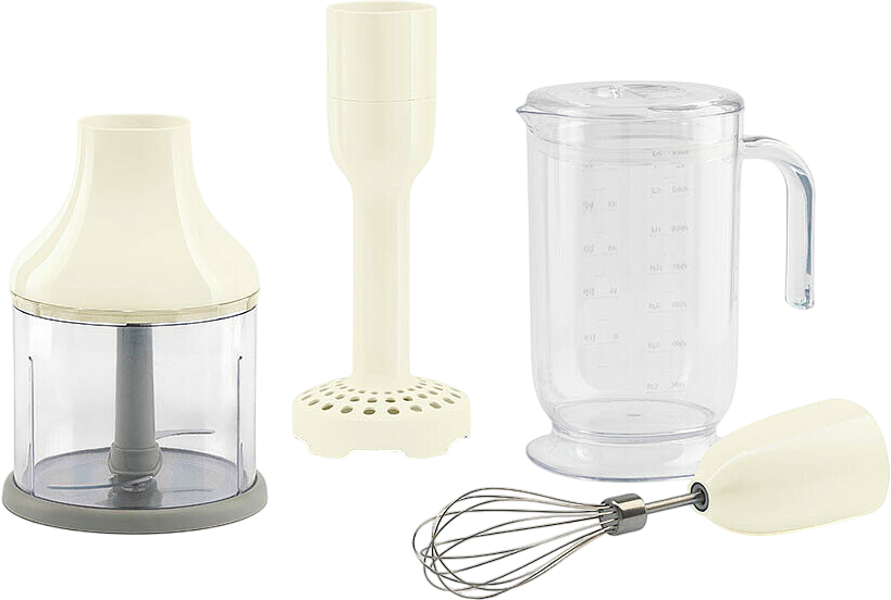 Ein cremefarbener Stabmixer und Zubehör: Schneebesen, Zerkleinerer, Mixstab und Messbecher werden angezeigt.