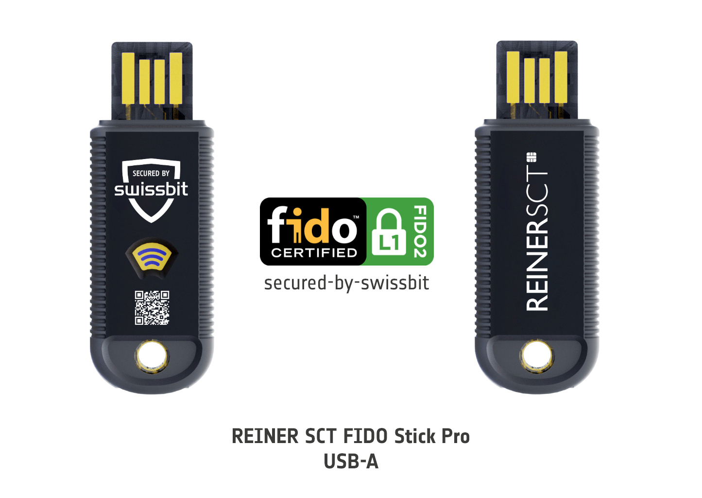 Zwei schwarze USB-Sicherheitsschlüssel. Einer hat 'swissbit' und einen QR-Code, der andere 'REINER SCT'. Zwischen ihnen befindet sich ein 'fido'-Logo.