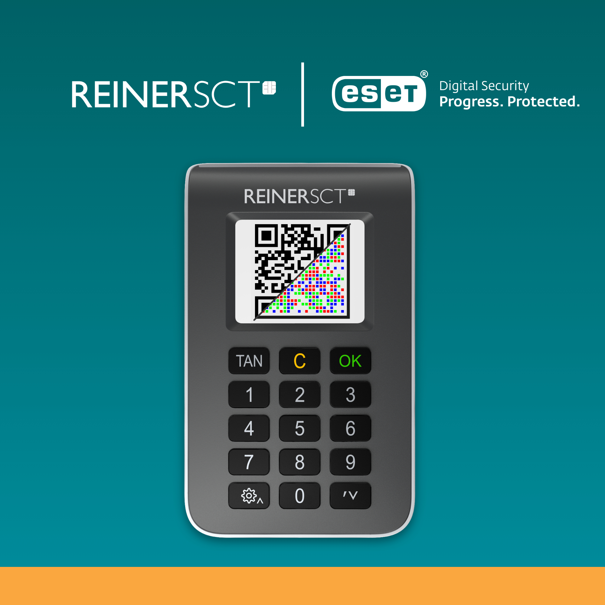 Das Bild zeigt ein REINER SCT-Sicherheitsgerät mit QR-Code-Anzeige und Nummernblock. Der Hintergrund ist türkis und orange.