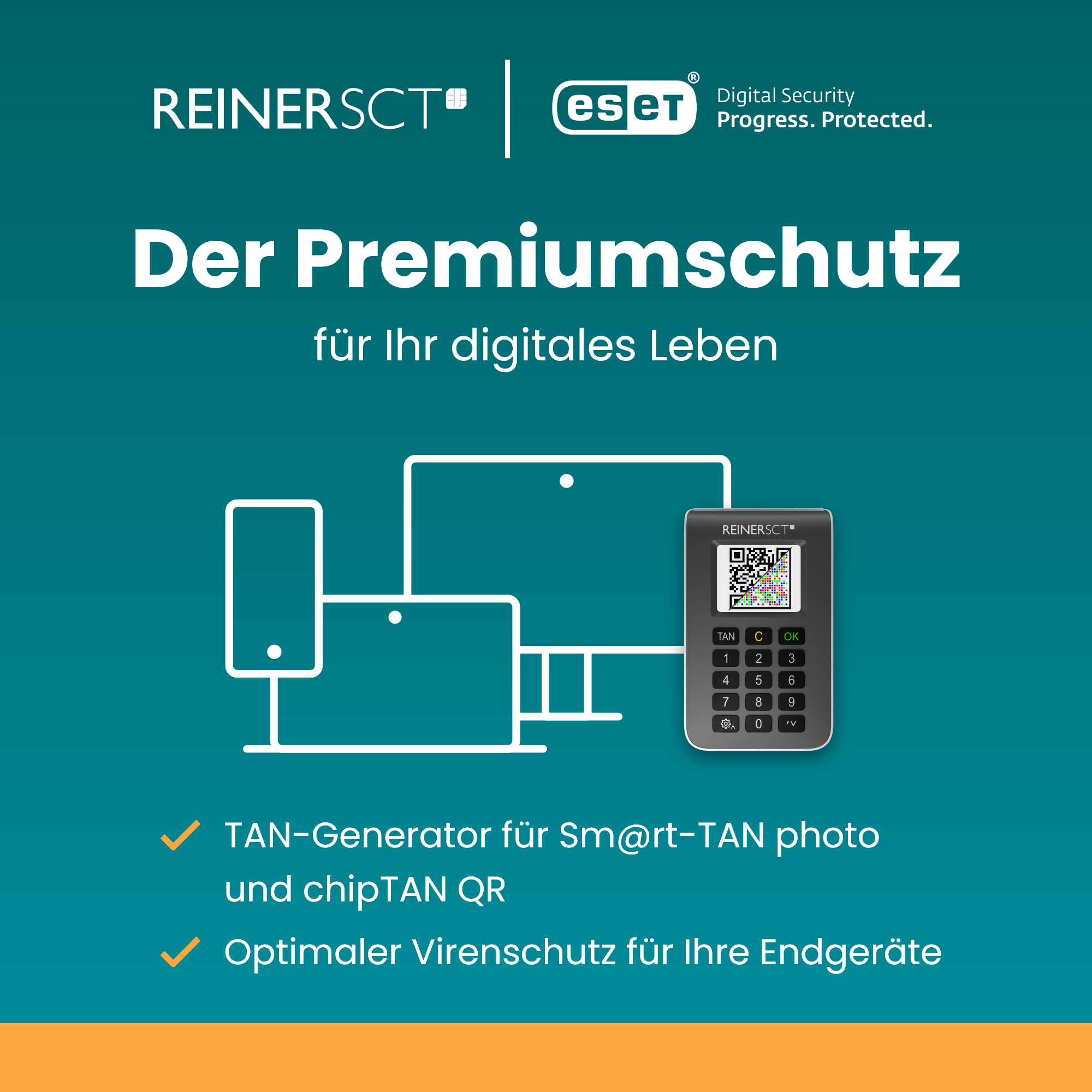 Das Bild zeigt ein Tablet, einen Computer und ein Sicherheitsgerät. Text: 'Der Premiumschutz' und 'Digital Security'.
