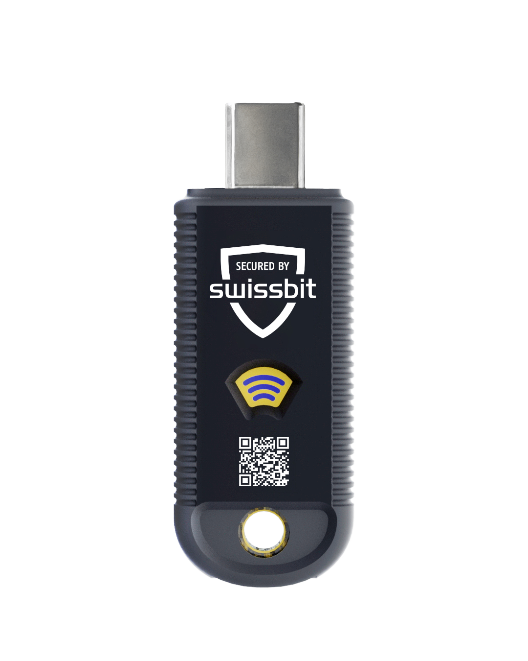 Ein schwarzer USB-Sicherheitsschlüssel mit dem Swissbit-Logo, einem Wi-Fi-Symbol und einem QR-Code. Er hat einen USB-C-Anschluss.