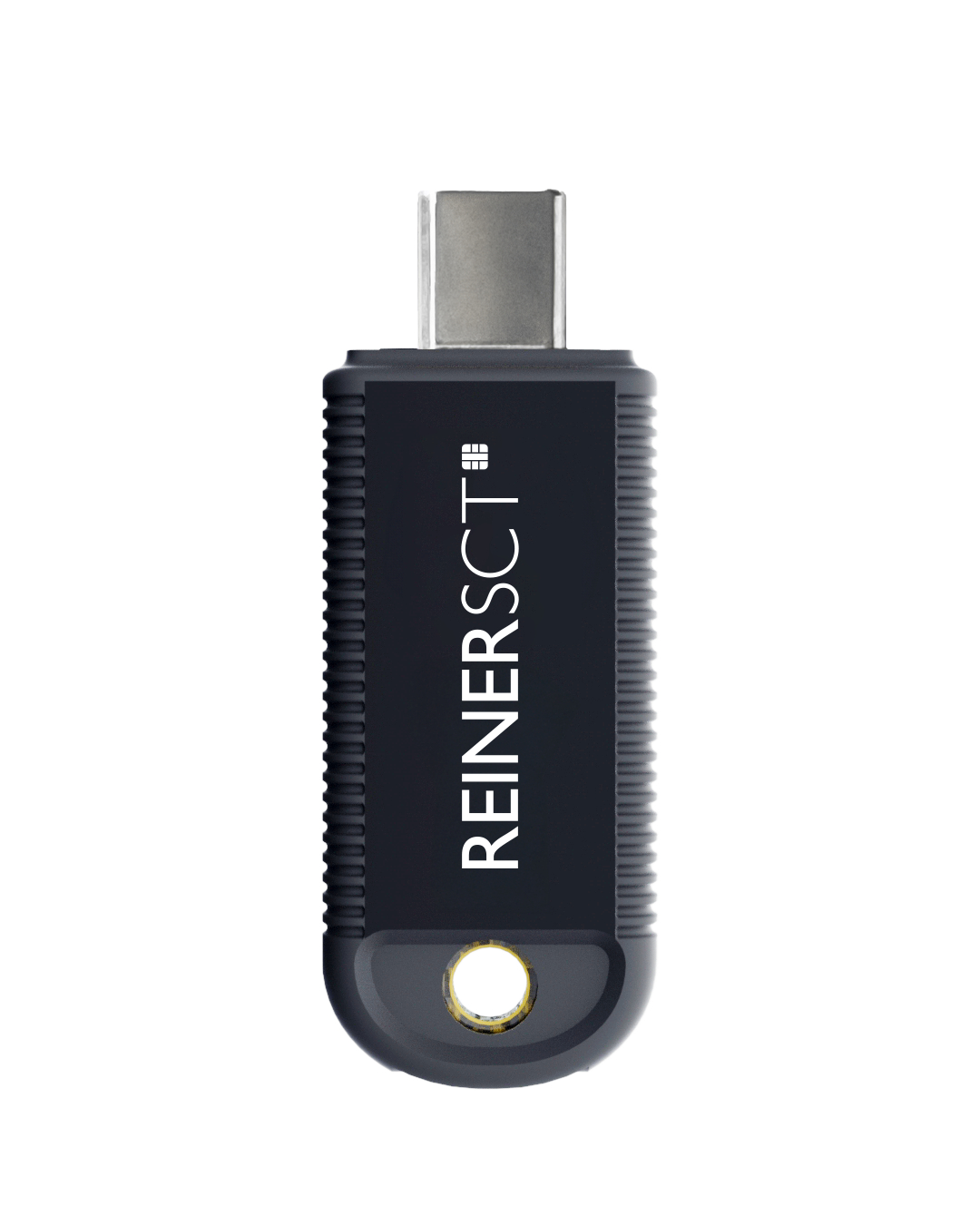 Ein schwarzes REINER SCT USB-Gerät. Es hat einen USB-C-Anschluss oben und ein goldfarbenes Loch unten. Der Hintergrund ist weiß.