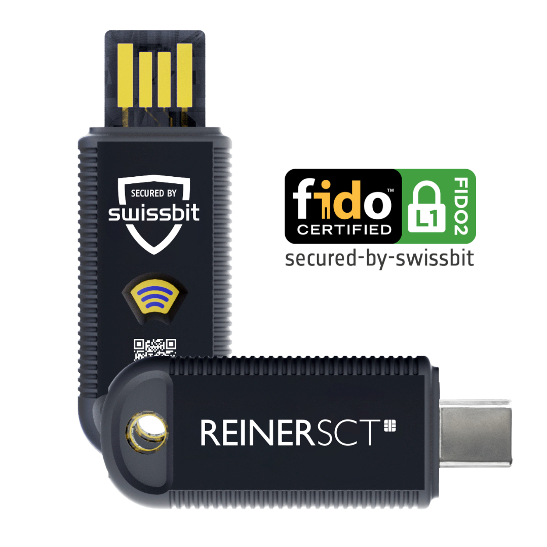Zwei schwarze USB-Sicherheitsschlüssel. Einer hat einen USB-Anschluss, der andere einen USB-C-Anschluss. FIDO Certified-Logo sichtbar.