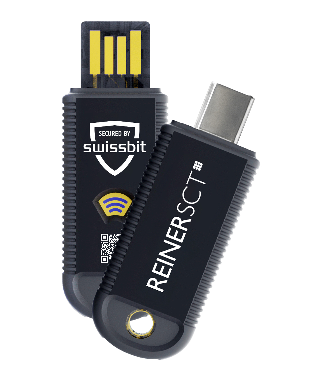 Zwei schwarze USB-Laufwerke. Eines hat einen gelben Stecker. Auf dem anderen steht REINERSCT. Beide befinden sich auf weißem Hintergrund.