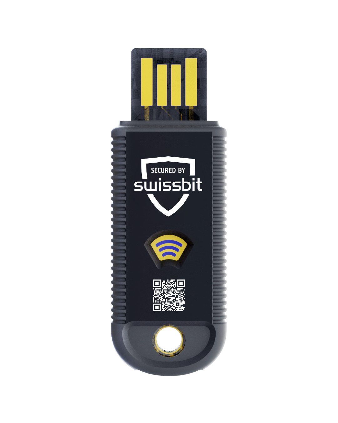 Ein schwarzer USB-Stick mit 'SECURED BY swissbit' und einem QR-Code. Er hat einen goldfarbenen USB-Anschluss und ein Wi-Fi-Symbol.