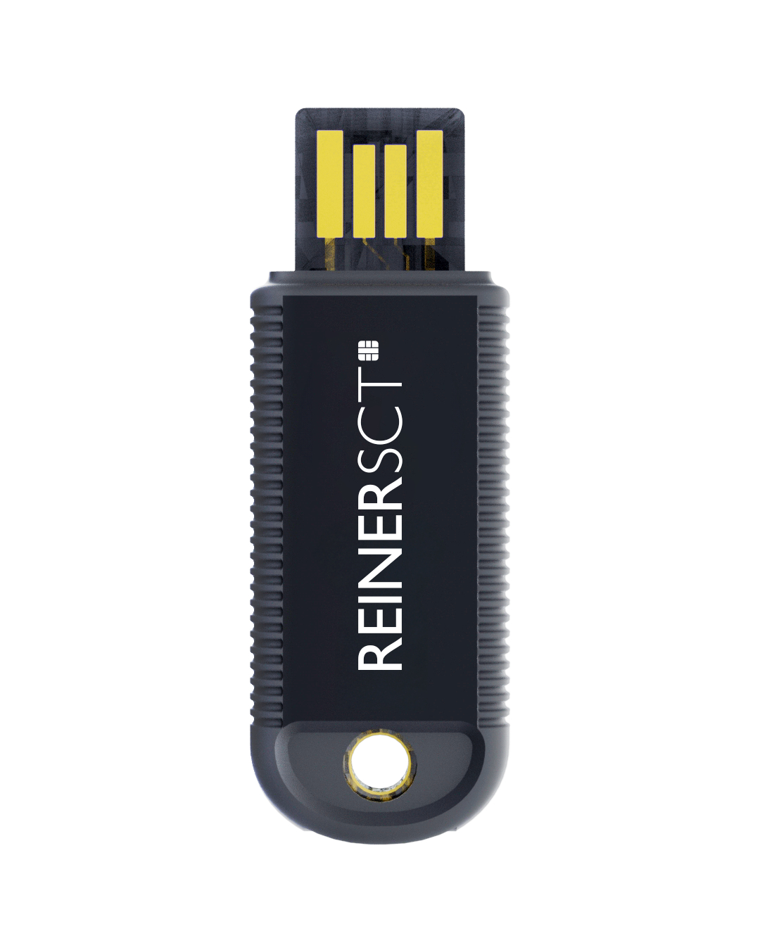 Ein schwarzer USB-Stick mit weißer Aufschrift 'REINER SCT'. Der USB-Anschluss hat goldene Kontakte. Der Hintergrund ist weiß.