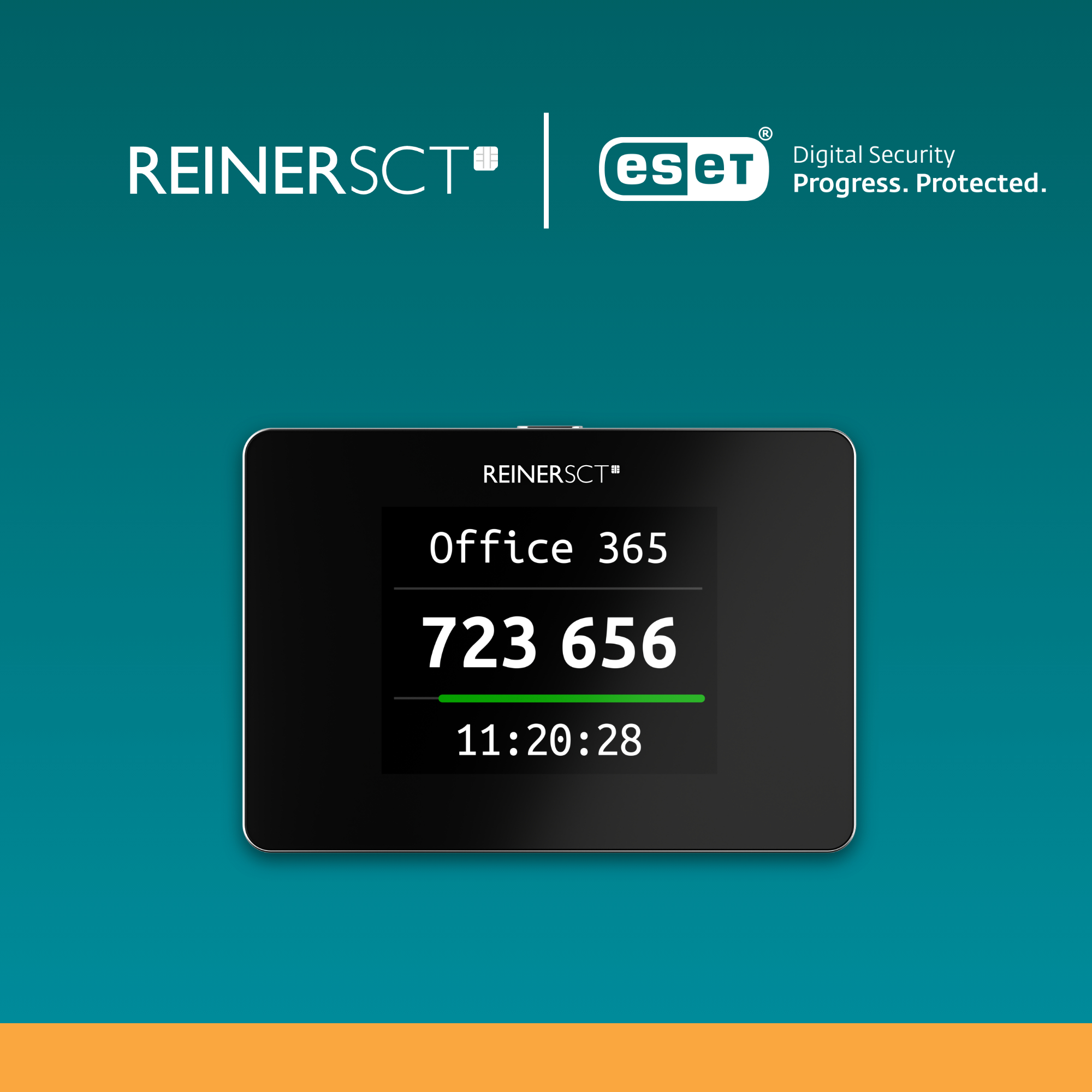 Das Bild zeigt ein schwarzes Gerät, das 'Office 365', eine Zahl und eine Uhrzeit anzeigt. Der Hintergrund ist türkis und orange.