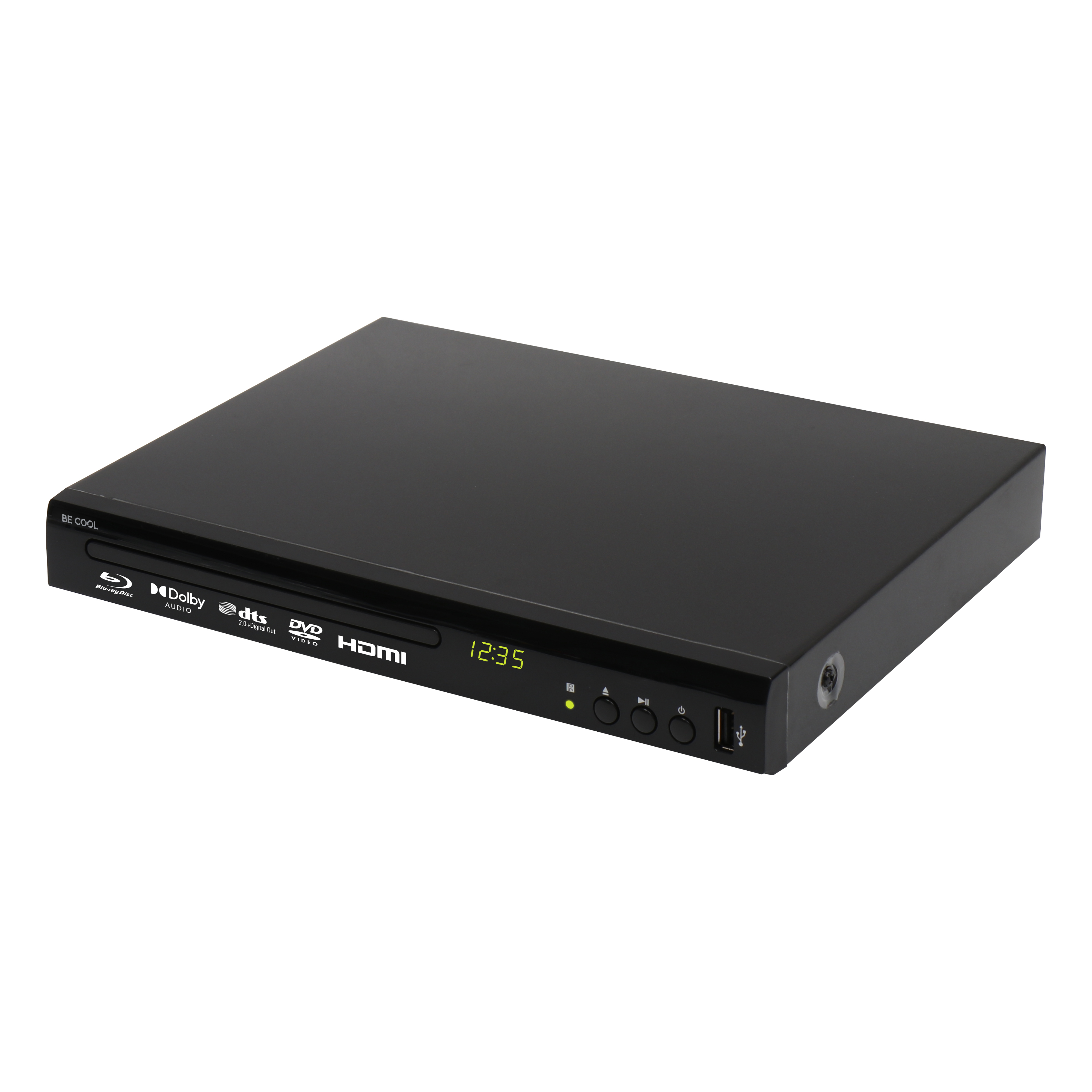 Ein schwarzer DVD-Player auf weißem Hintergrund. Er zeigt 12:35 an und hat Knöpfe und Logos.