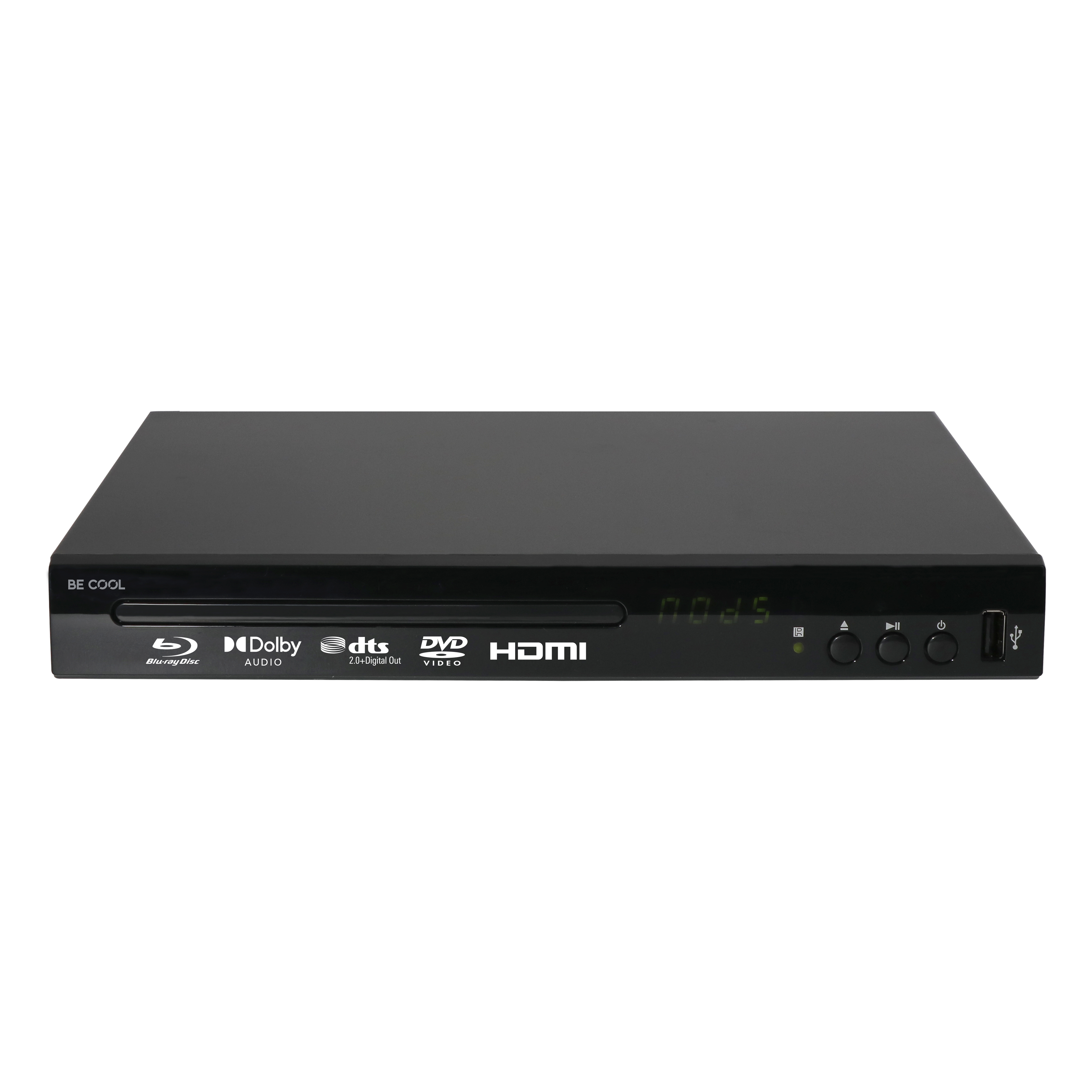 Ein schwarzer DVD-Player auf weißem Hintergrund. Er hat verschiedene Logos und Knöpfe auf der Vorderseite.