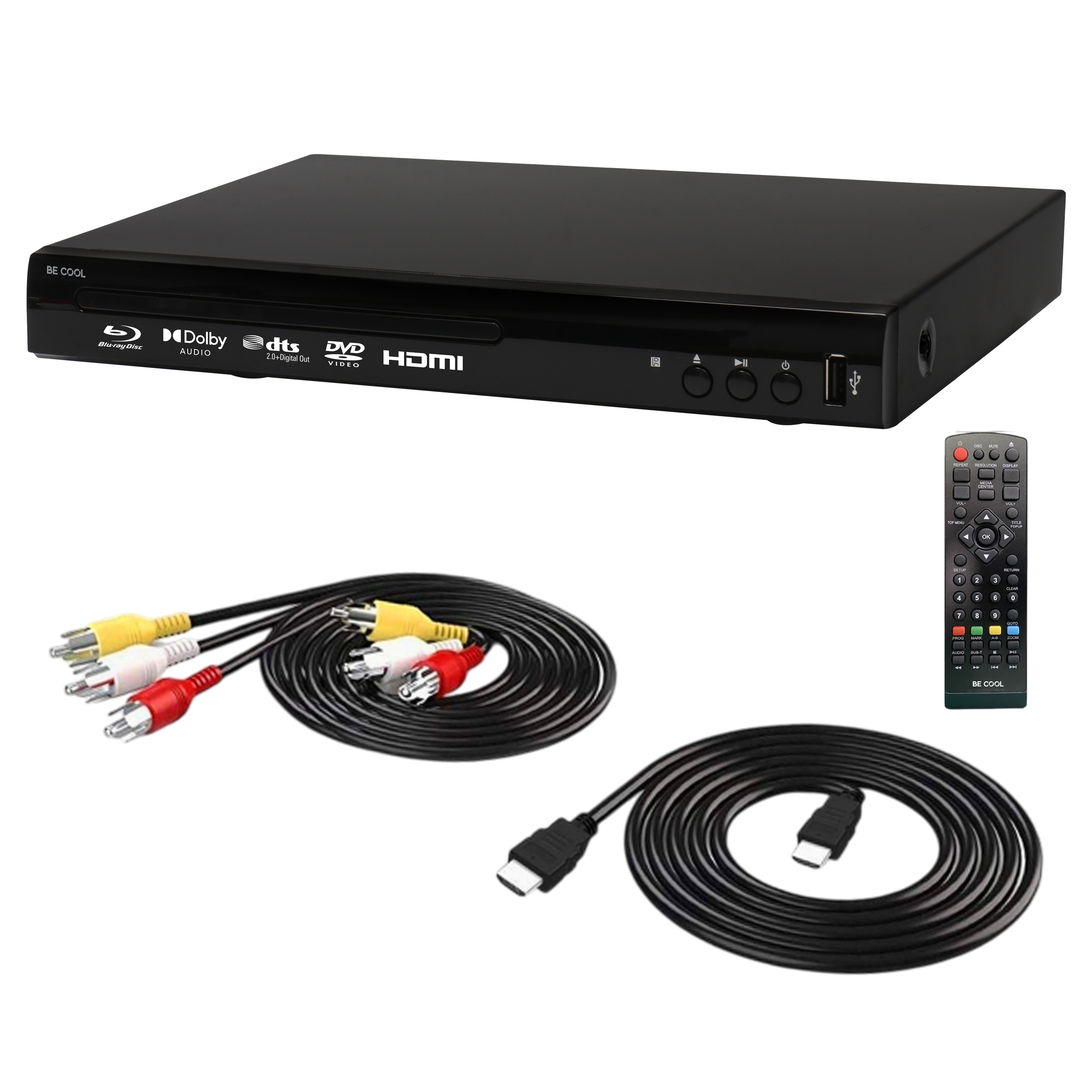 Schwarzer DVD-Player, Kabel und Fernbedienung. Kabel: gelb, weiß, rot und schwarz. Fernbedienung hat Knöpfe.
