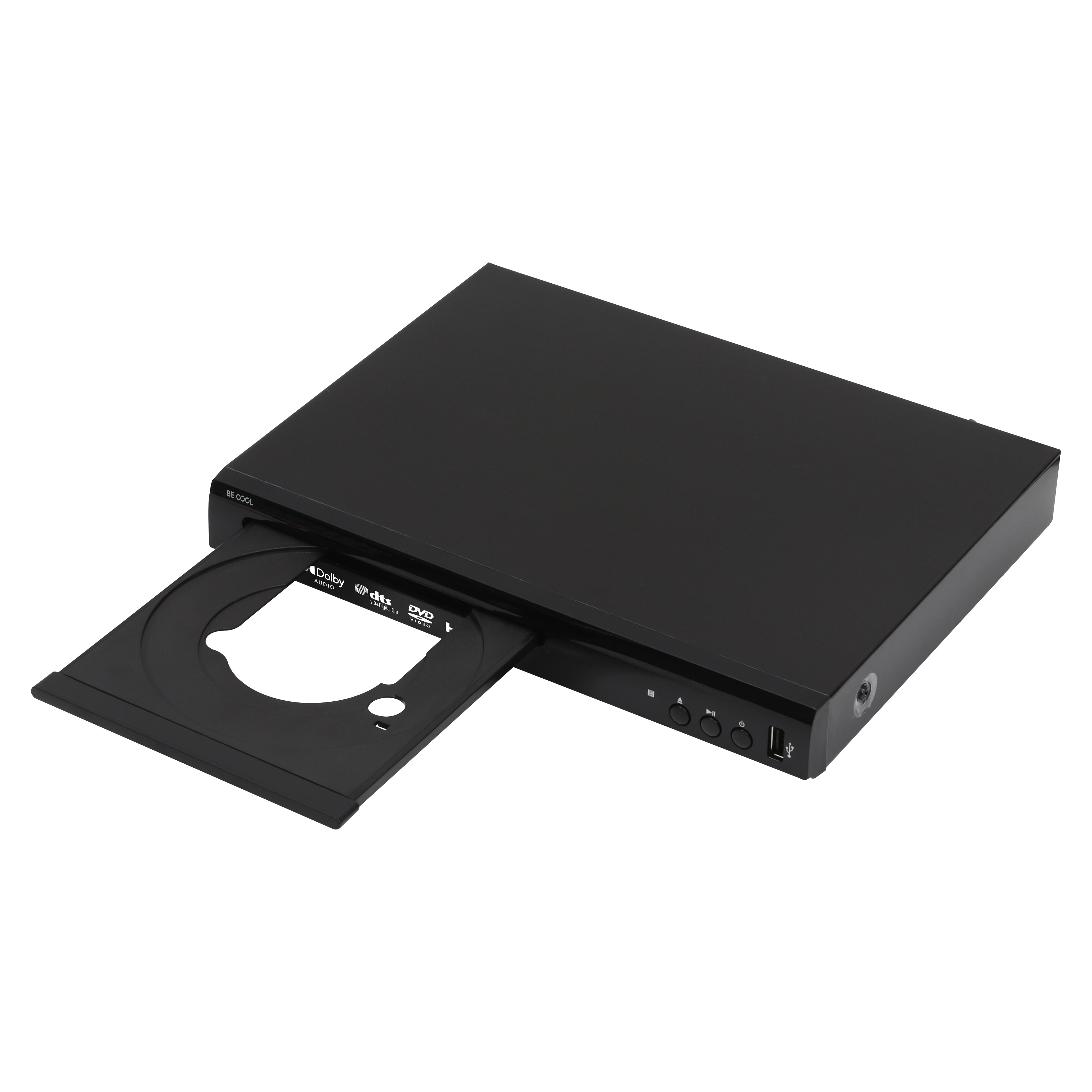 Schwarzer DVD-Player mit offenem Fach. Das Fach zeigt die Dolby- und DTS-Logos. Tasten sind auf der Vorderseite sichtbar.