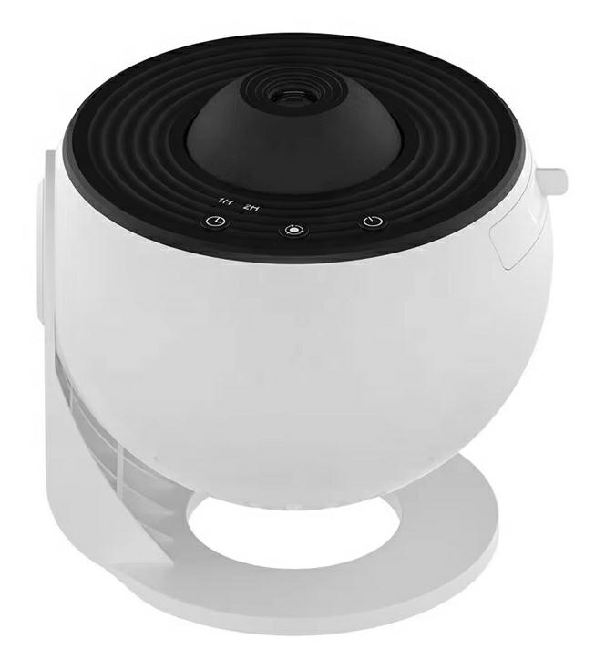 Biały i czarny oczyszczacz powietrza. Ma zaokrąglony korpus, czarny wierzch z przyciskami sterowania i białą podstawę.