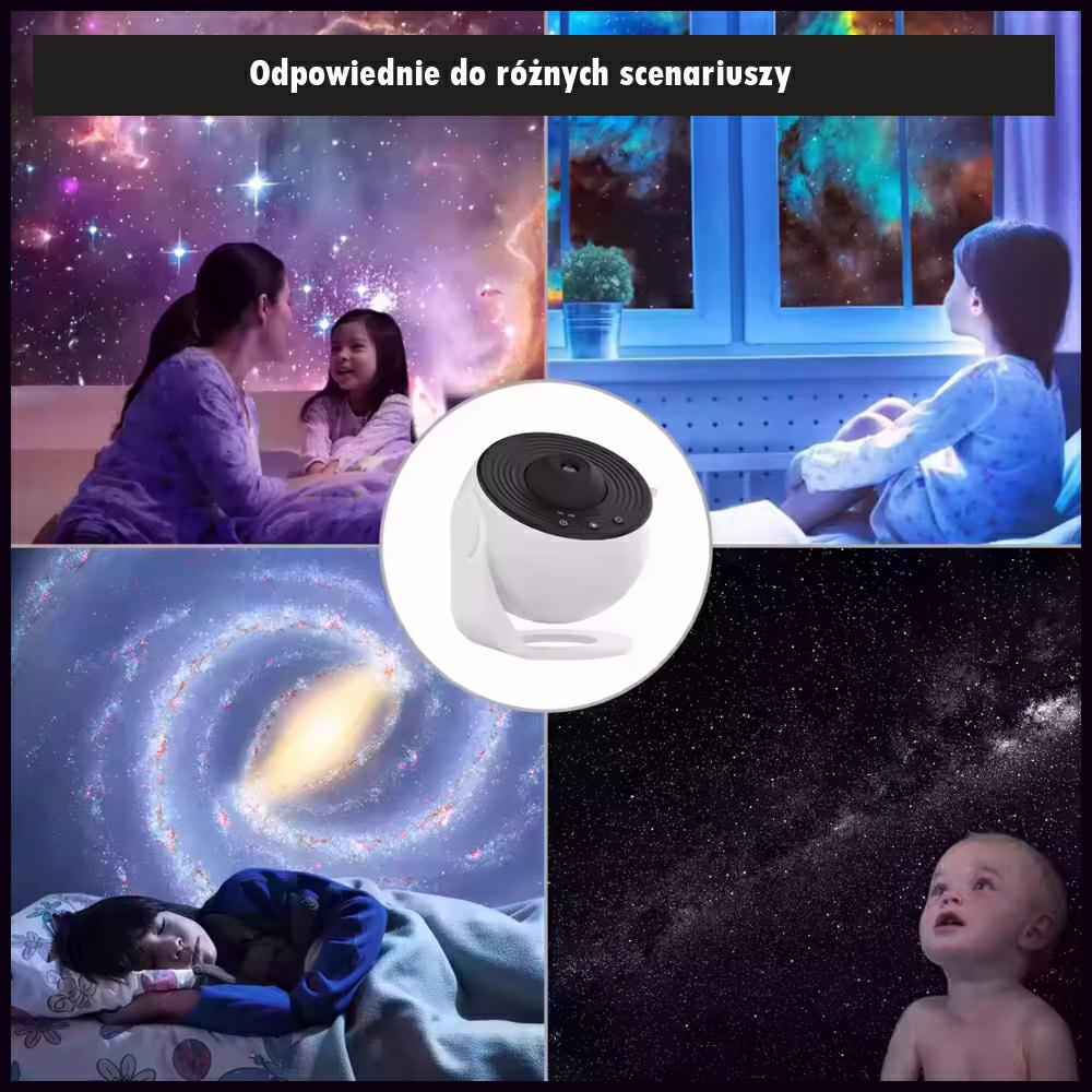 Obraz przedstawia projektor wyświetlający gwiaździste niebo z dziećmi i dorosłymi w różnych otoczeniach. Biały projektor znajduje się w centrum.