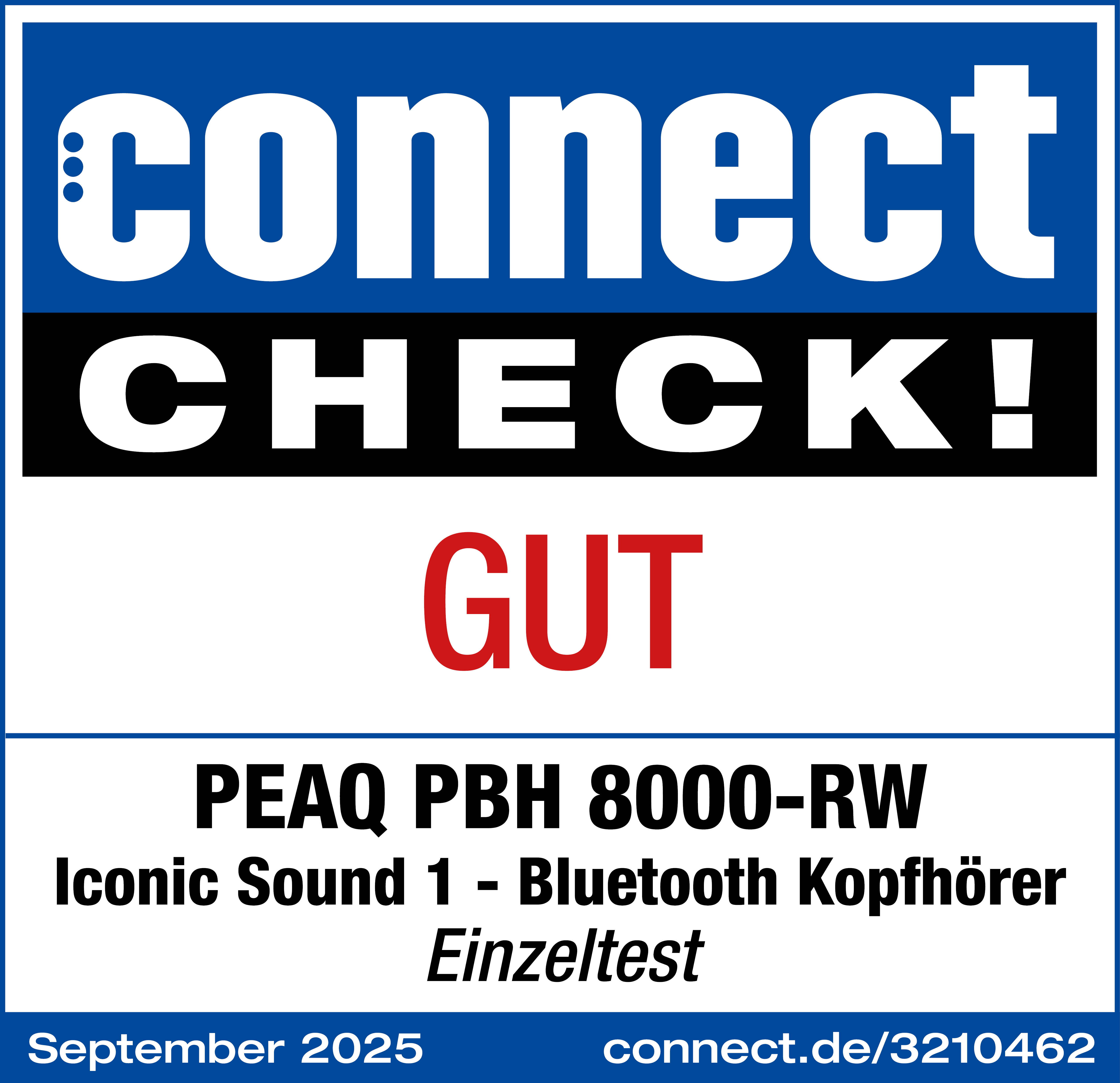 Das Bild zeigt ein blau-weißes Banner mit Text. Es steht 'connect CHECK! GUT' und Produktinformationen.