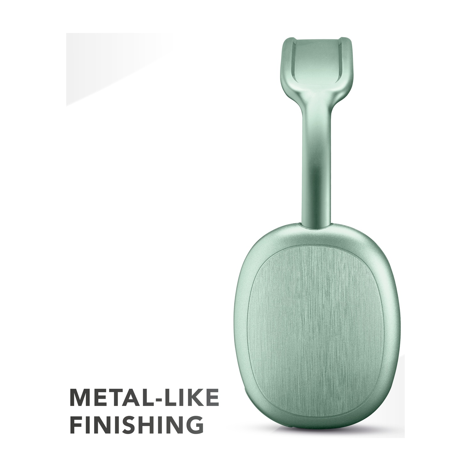Un dispositivo verde menta con finitura metallica e manico su sfondo bianco. Il testo recita: "METAL-LIKE FINISHING".