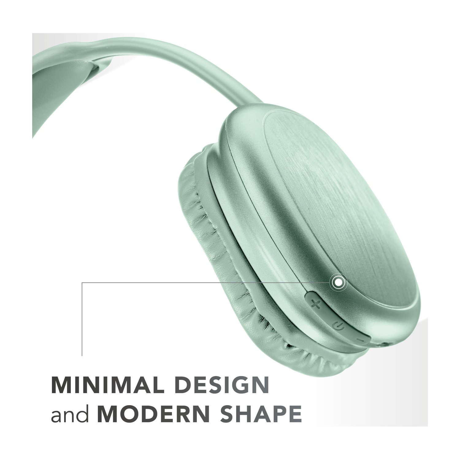 Primo piano di cuffie verde menta su sfondo bianco. Design minimalista e forma moderna testo in basso.