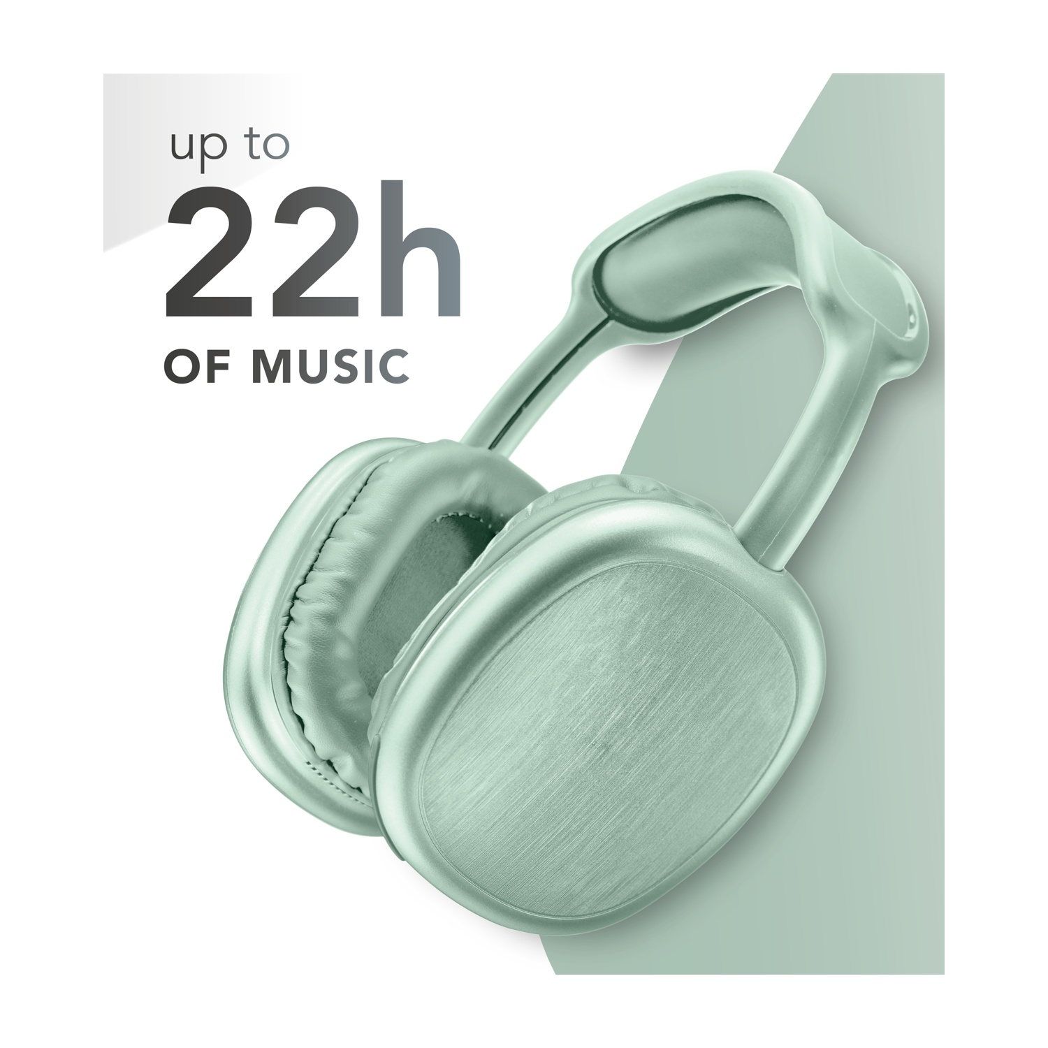 Cuffie color menta su sfondo bianco, con testo 'fino a 22h DI MUSICA'. Le cuffie sono angolate verso destra.
