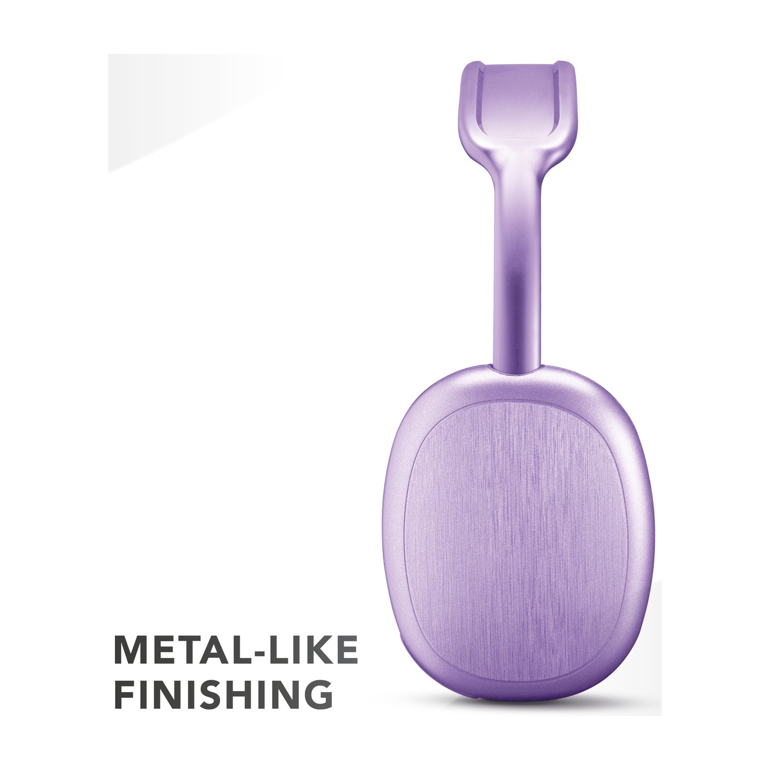 Un dispositivo viola, dall'aspetto metallico, su sfondo bianco. Ha un manico e una base arrotondata, con la scritta 'METAL-LIKE FINISHING'.