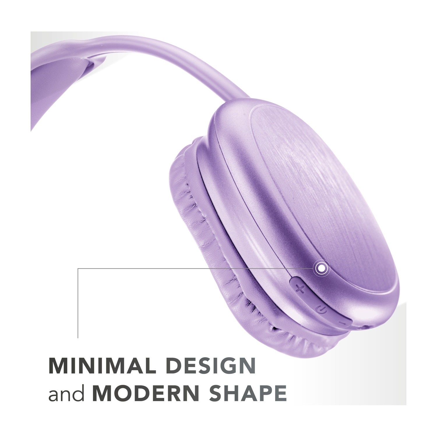Primo piano di cuffie lavanda dal design minimalista e forma moderna su sfondo bianco.