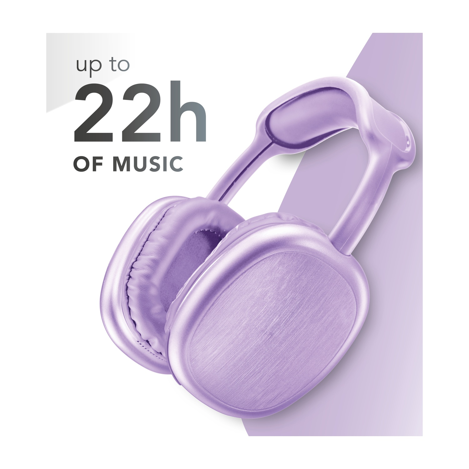 Un paio di cuffie viola chiaro su sfondo bianco con testo 'fino a 22h DI MUSICA'.
