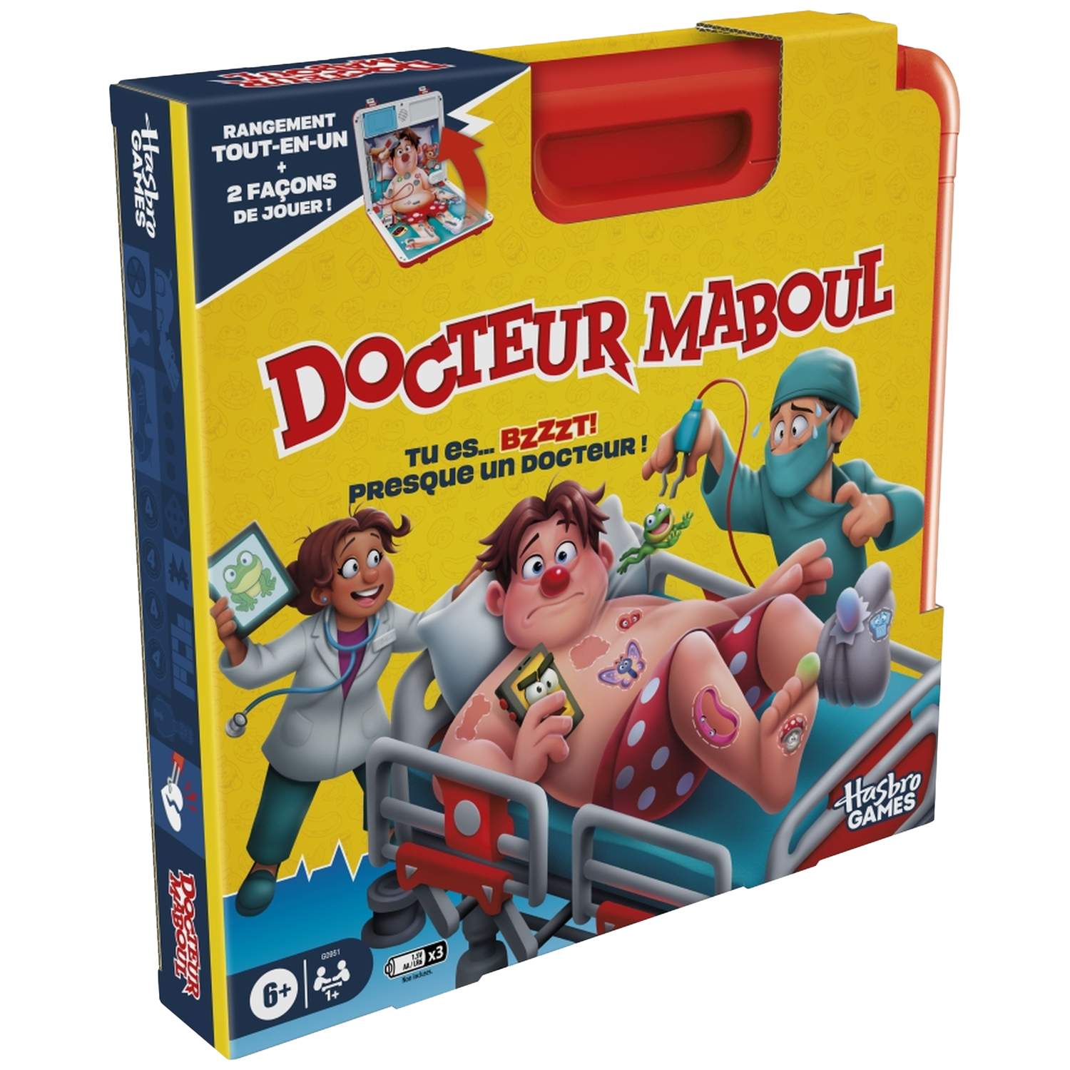 Doctor Maboul speldoos. Cartoonartsen behandelen een patiënt op een bed. De doos is geel en rood met de titel van het spel in grote letters.