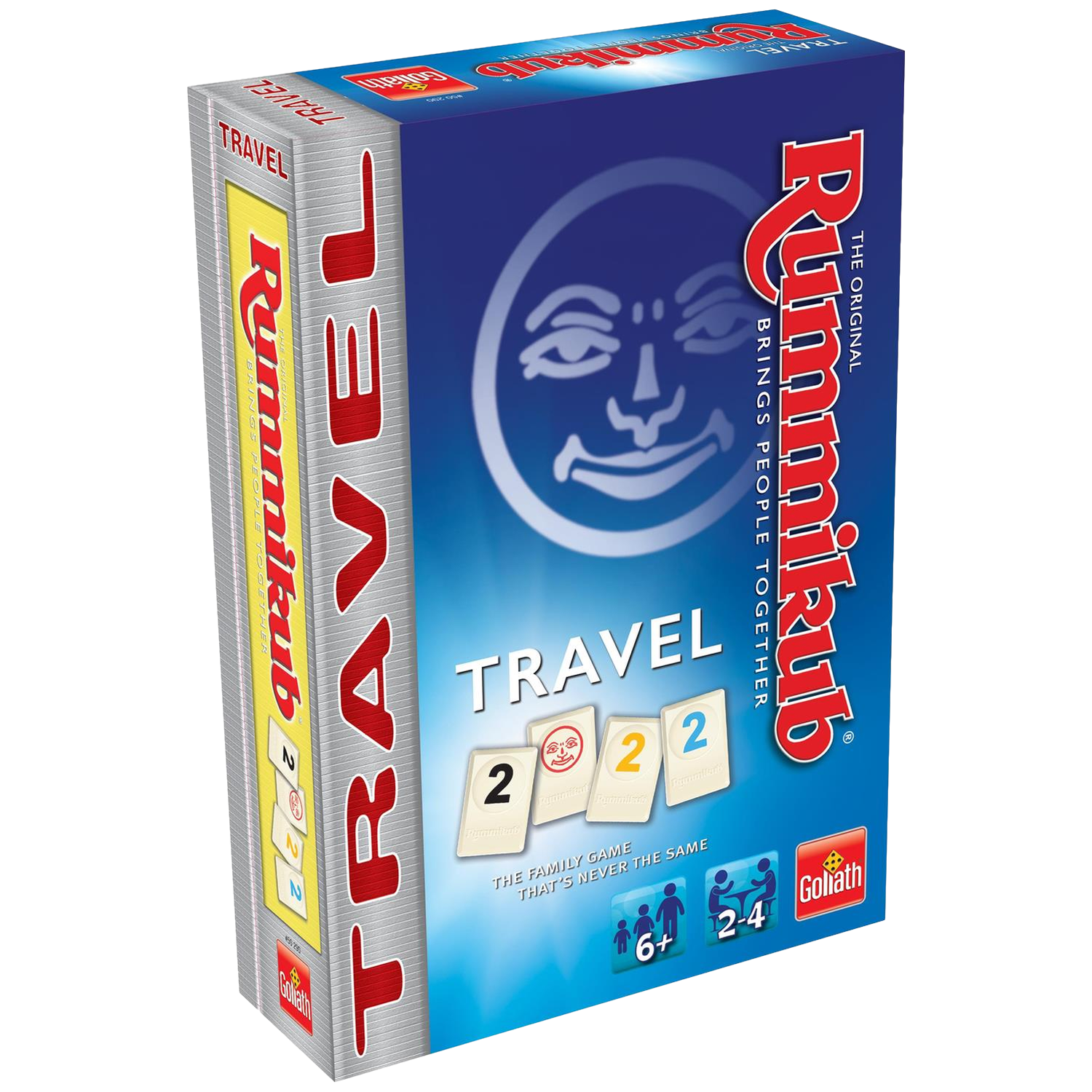 Een Rummikub Travel speldoos. De doos is blauw met de titel van het spel en een illustratie van een gezicht. Inclusief spelstukken en het Goliath logo.