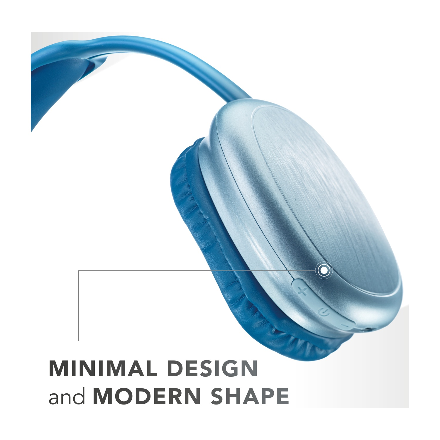Cuffie blu e argento su sfondo bianco. Testo 'Design minimalista e forma moderna' in basso.