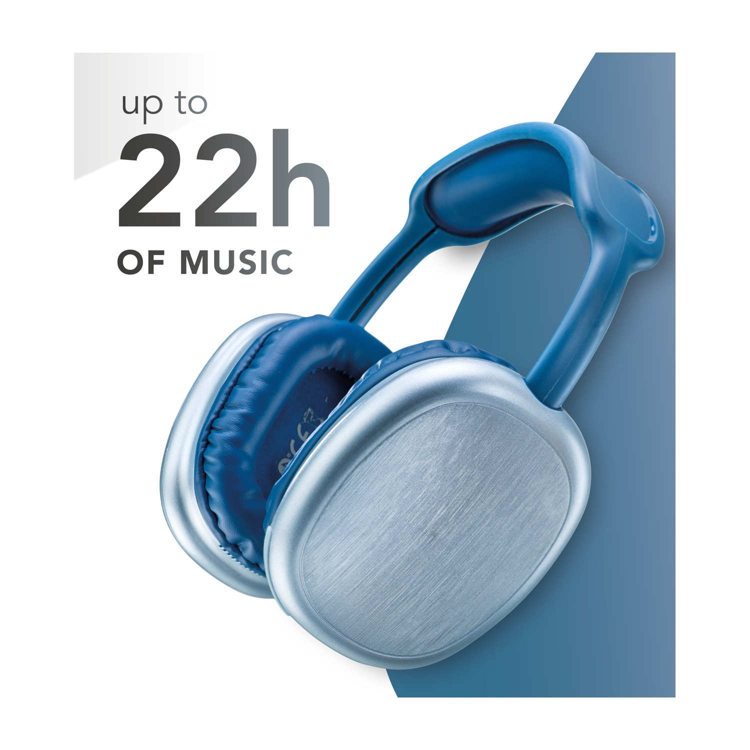 Cuffie blu e argento. Testo: 'fino a 22h di musica'. Le cuffie sono su sfondo blu.