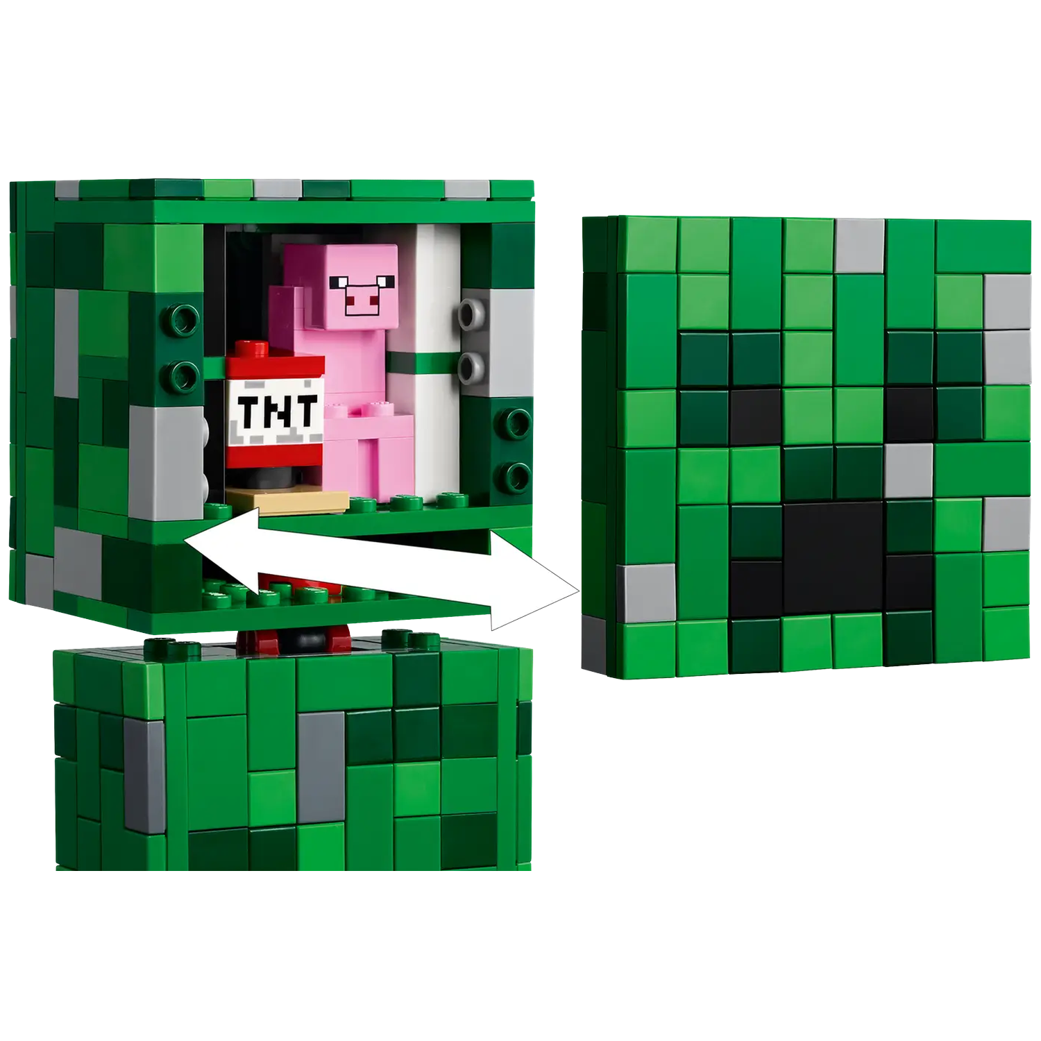 Minecraft LEGO-set. Een groene Creeper-doos opent om een roze varken en TNT te onthullen. Een compleet Creeper-gezicht rechts.