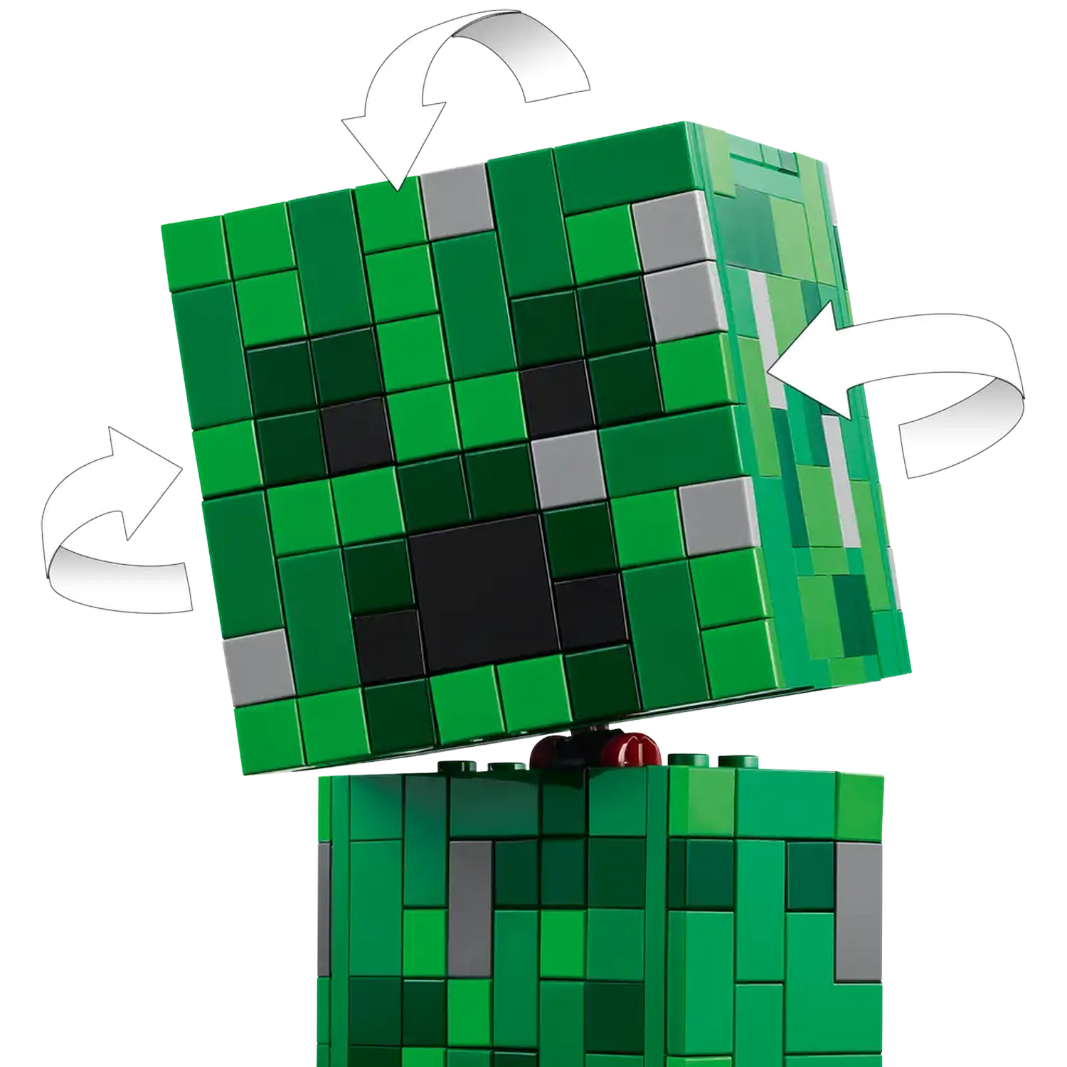 Een Minecraft Creeper-speelgoed gemaakt van groene, zwarte en grijze blokken. Pijlen geven rotatie aan. Het speelgoed staat op een witte achtergrond.